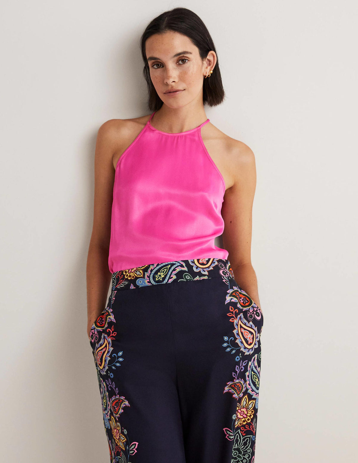 Strappy Halterneck Satin Top-Watermelon Pink-1