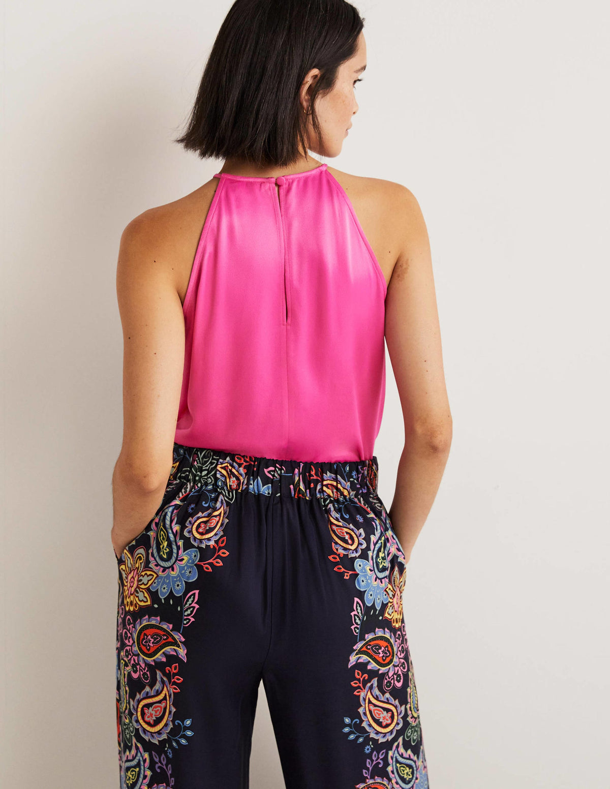 Strappy Halterneck Satin Top-Watermelon Pink - Image 3