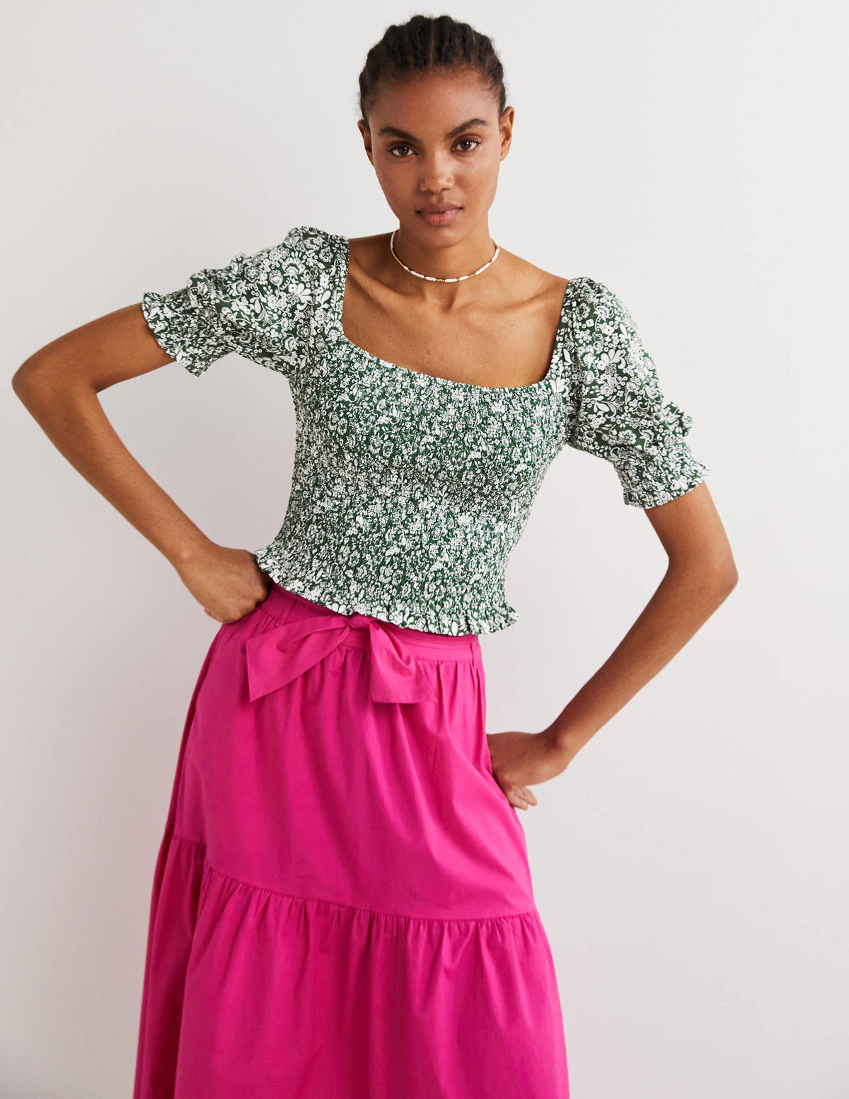 Square Neck Smocked Jersey Top-Hunter Green, Pretty Paradise - Image 1