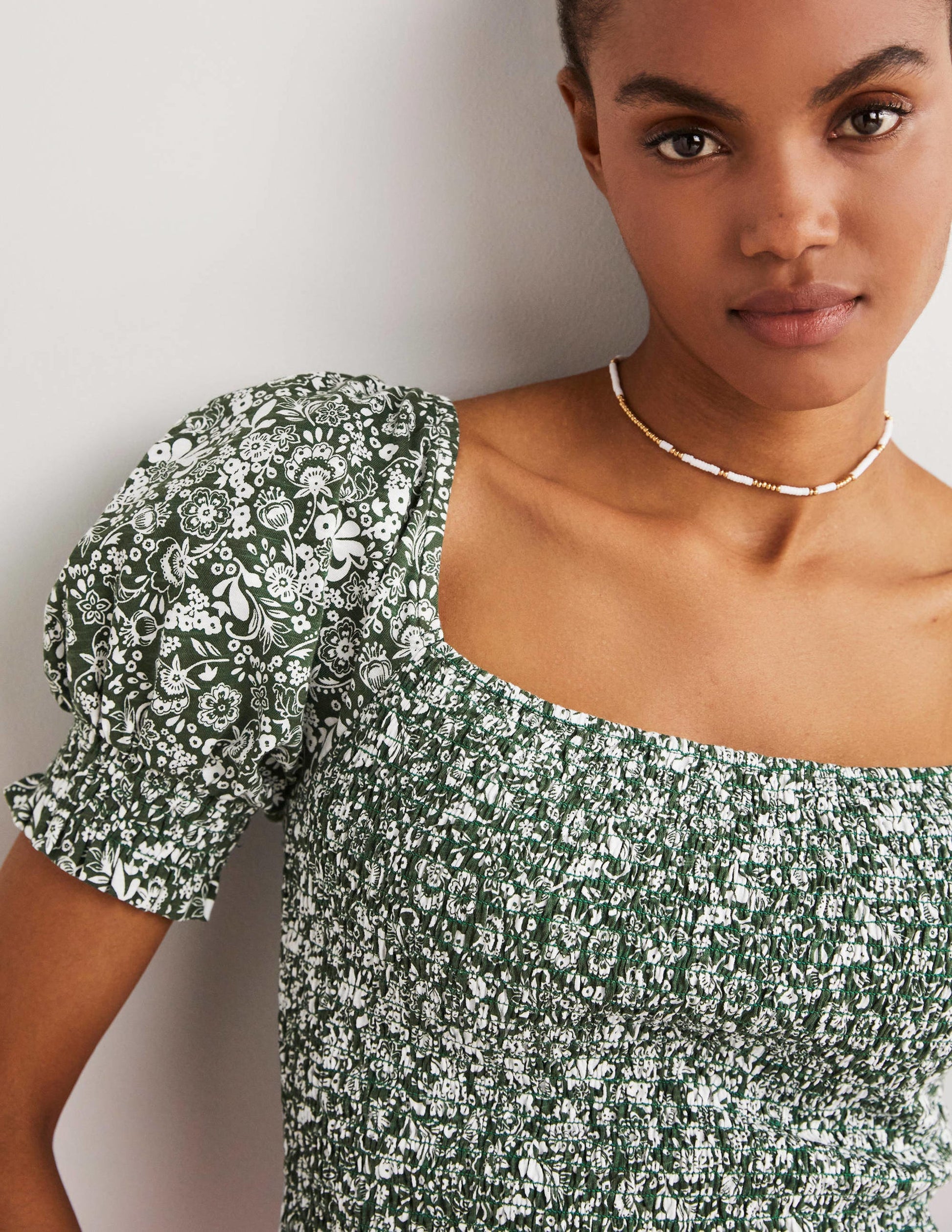 Square Neck Smocked Jersey Top-Hunter Green, Pretty Paradise-2