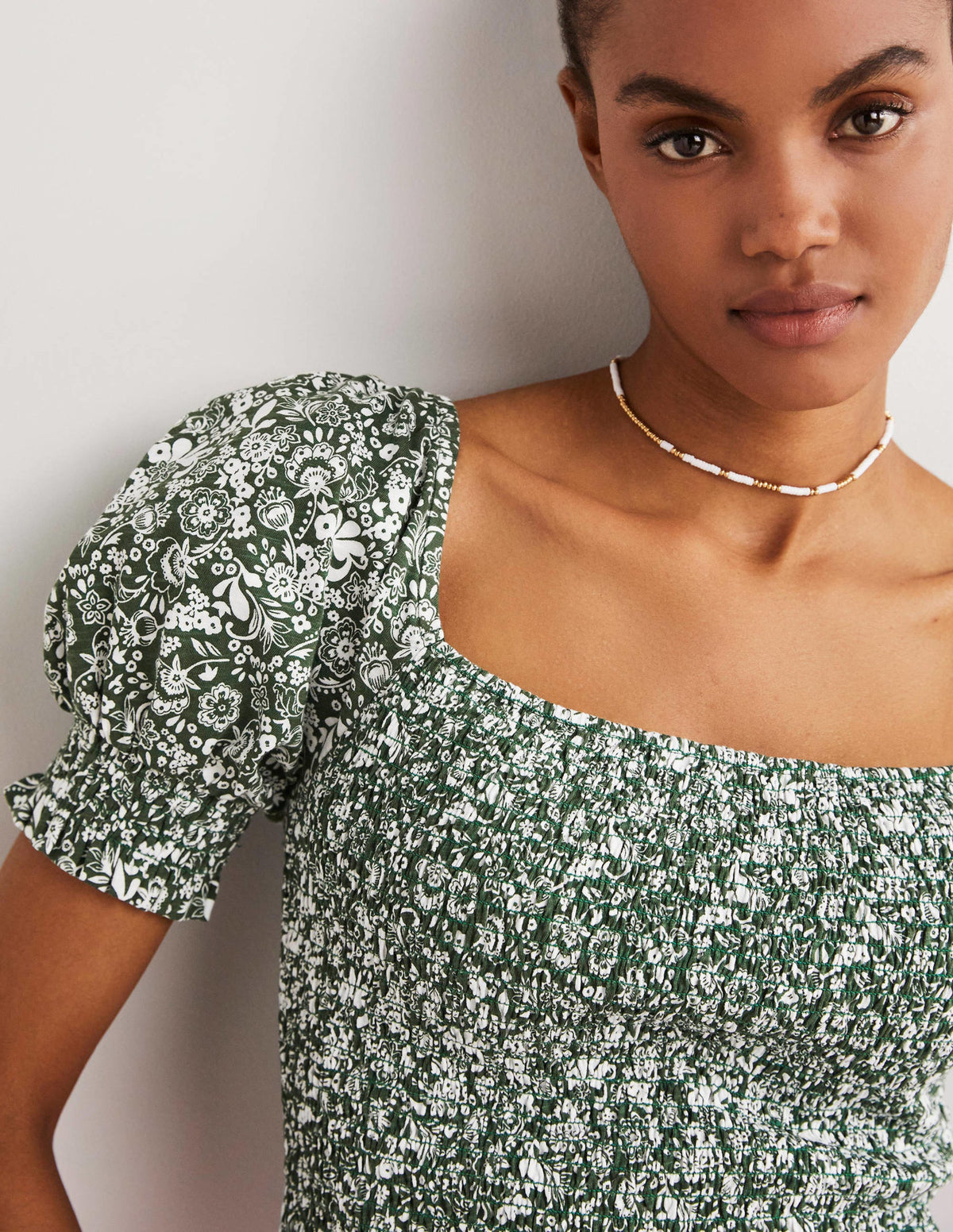 Square Neck Smocked Jersey Top-Hunter Green, Pretty Paradise - Image 2