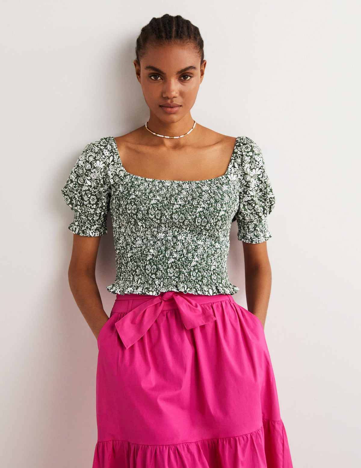 Square Neck Smocked Jersey Top-Hunter Green, Pretty Paradise-4