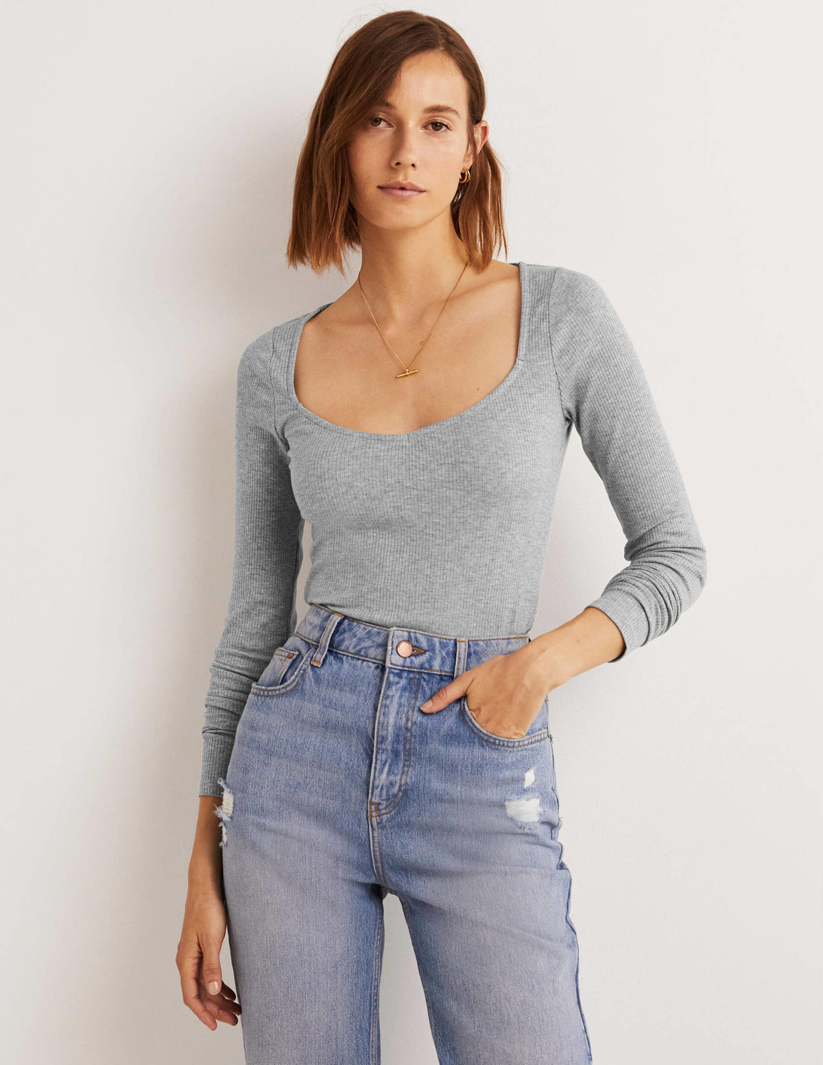 Soft Ribbed Sweetheart Top-Grey Marl-1