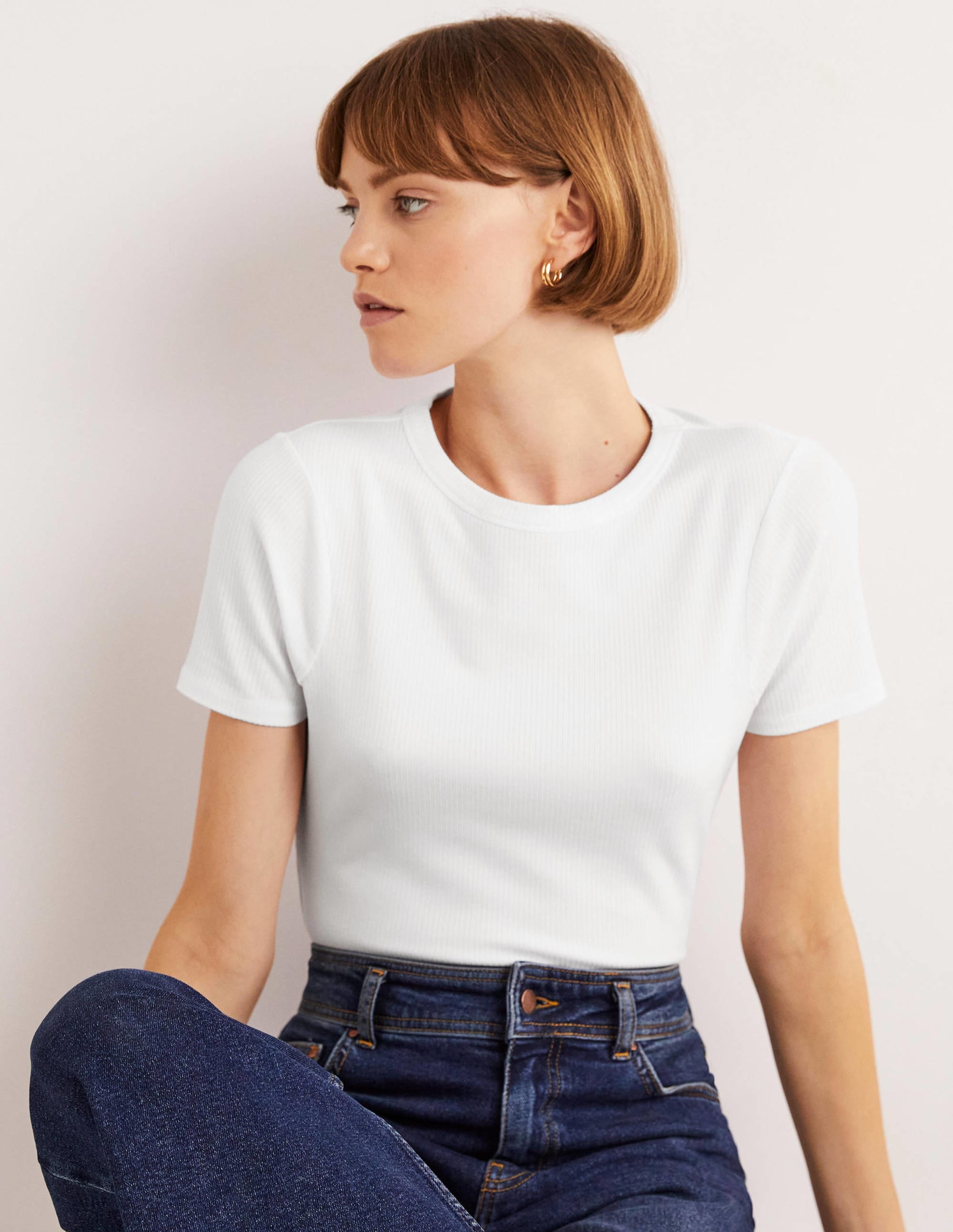 Soft Ribbed Crew Neck T-shirt-White - Image 1
