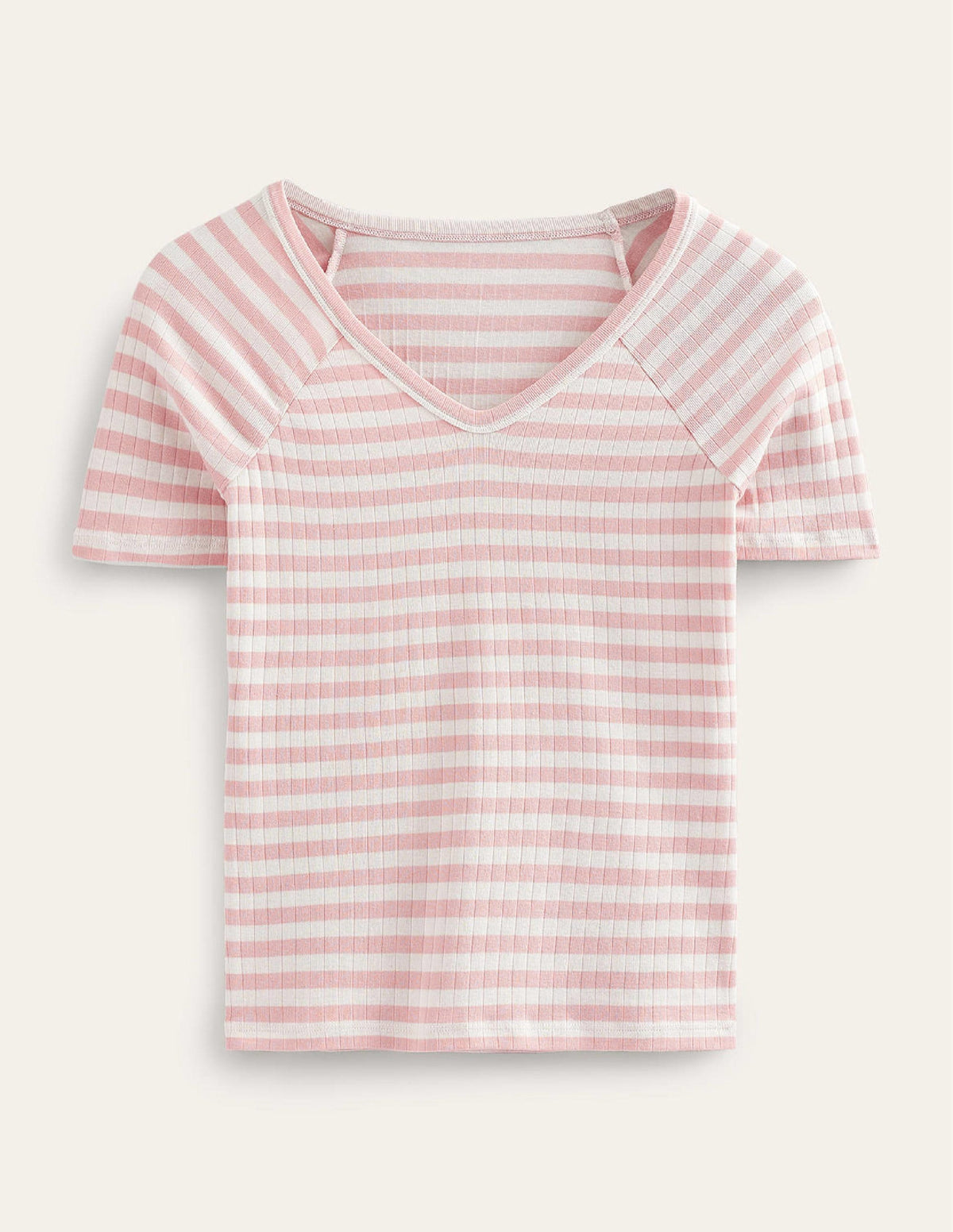 Anna Rib V-Neck T-Shirt-Ivory, Peach Skin Stripe - Image 5