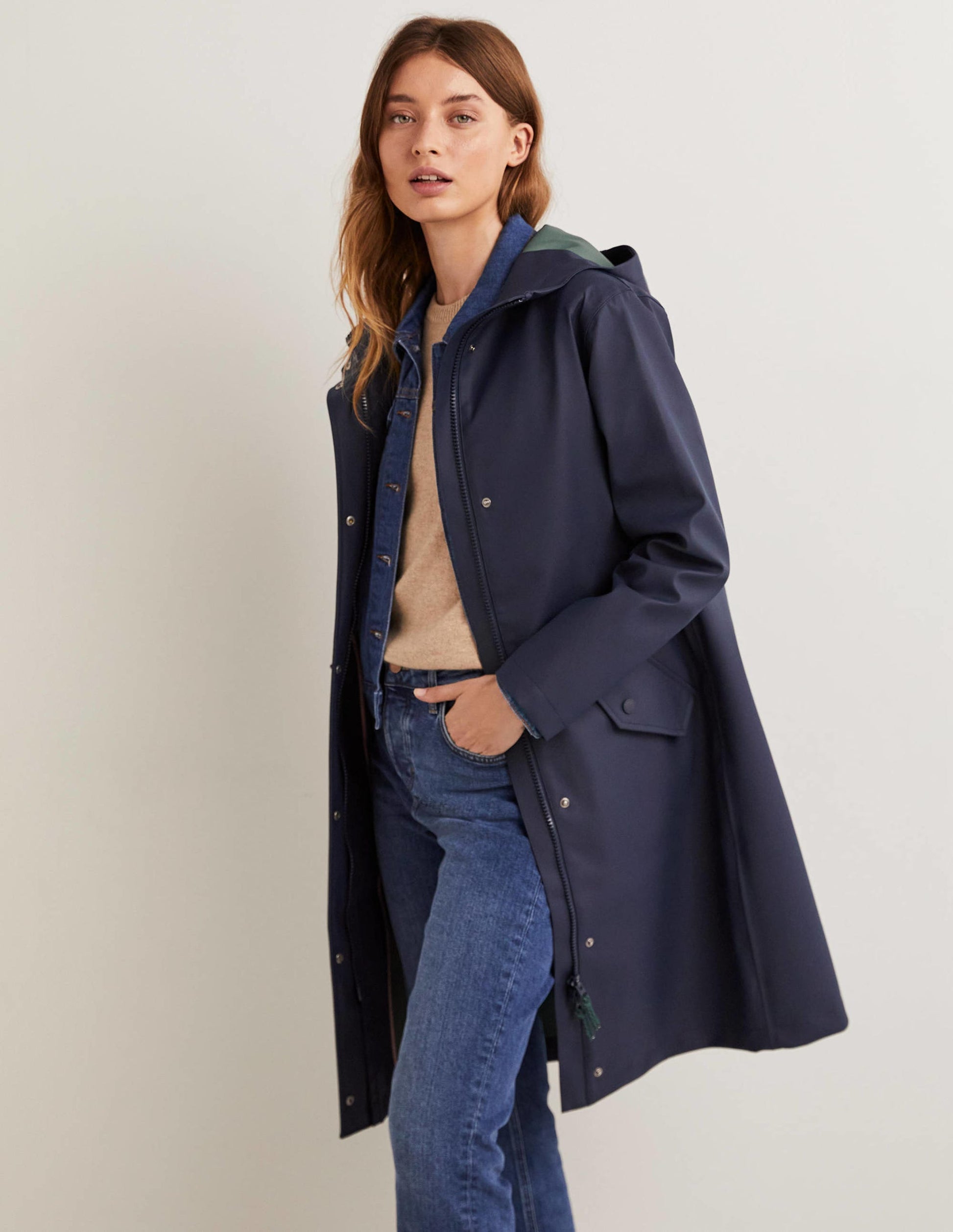 Waterproof Longline Raincoat-Navy-4