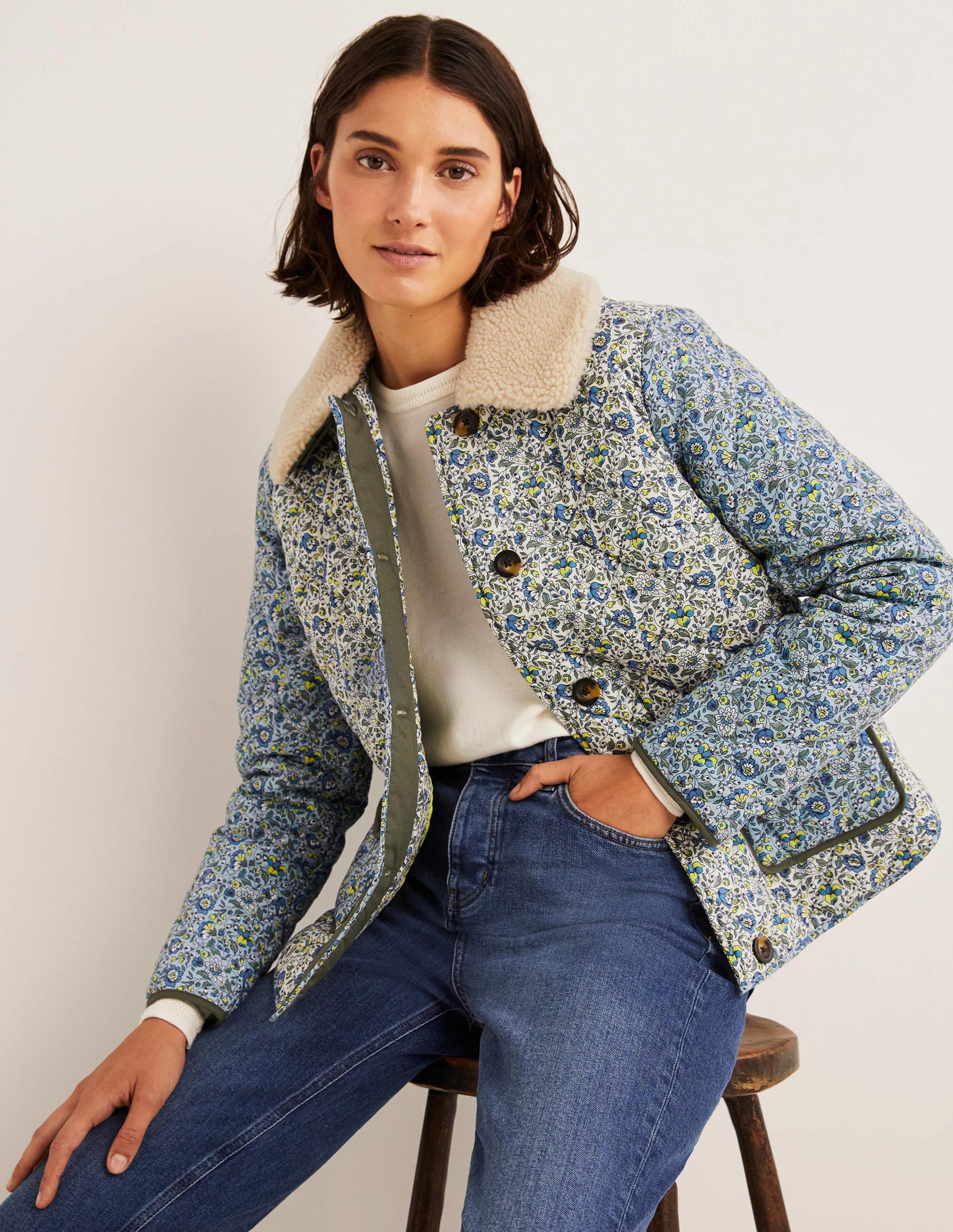 Quilted Cotton Jacket-Ivory,  Botanic Meadow - Image 1