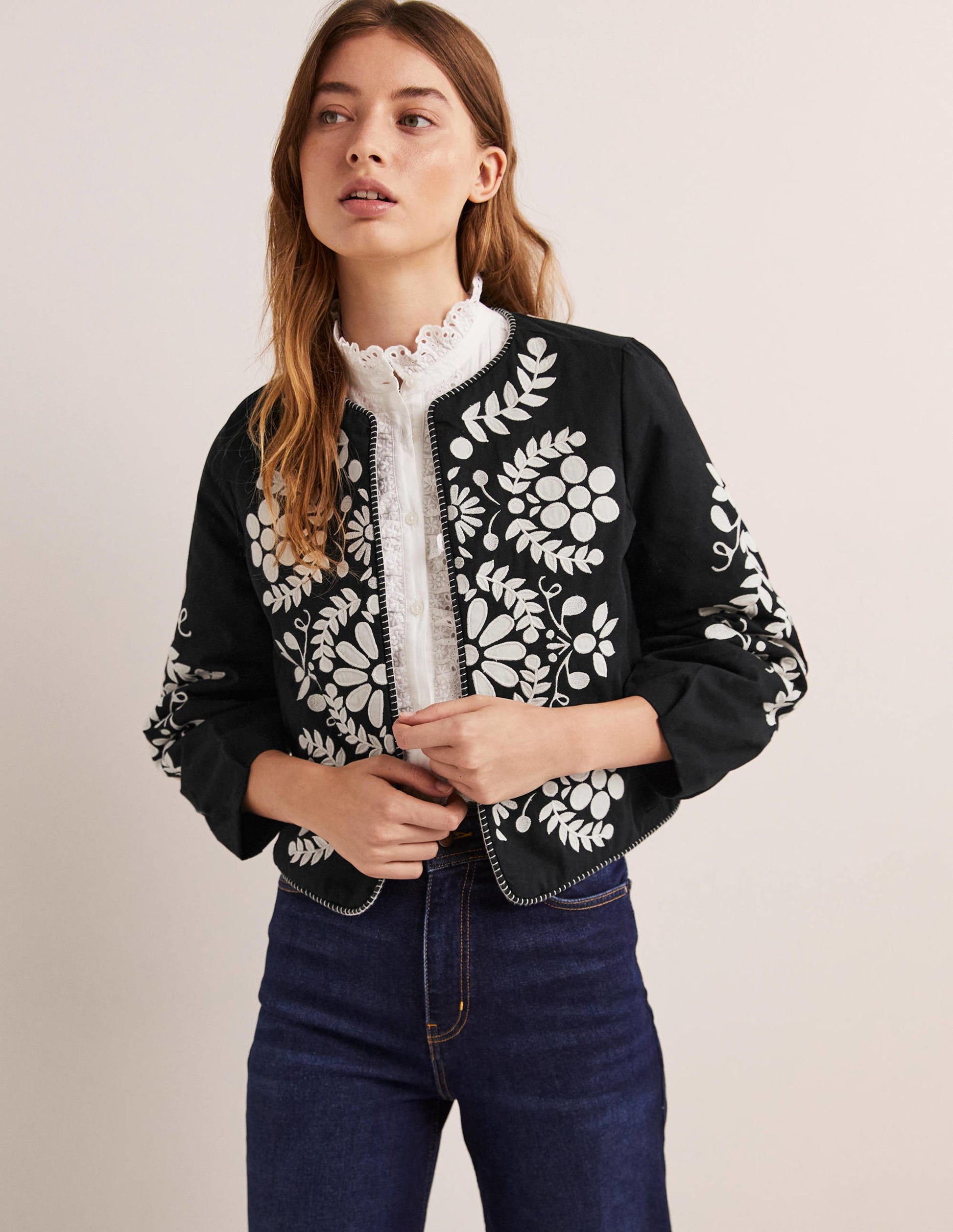 Embroidered Cropped Jacket-Black with Taupe-1