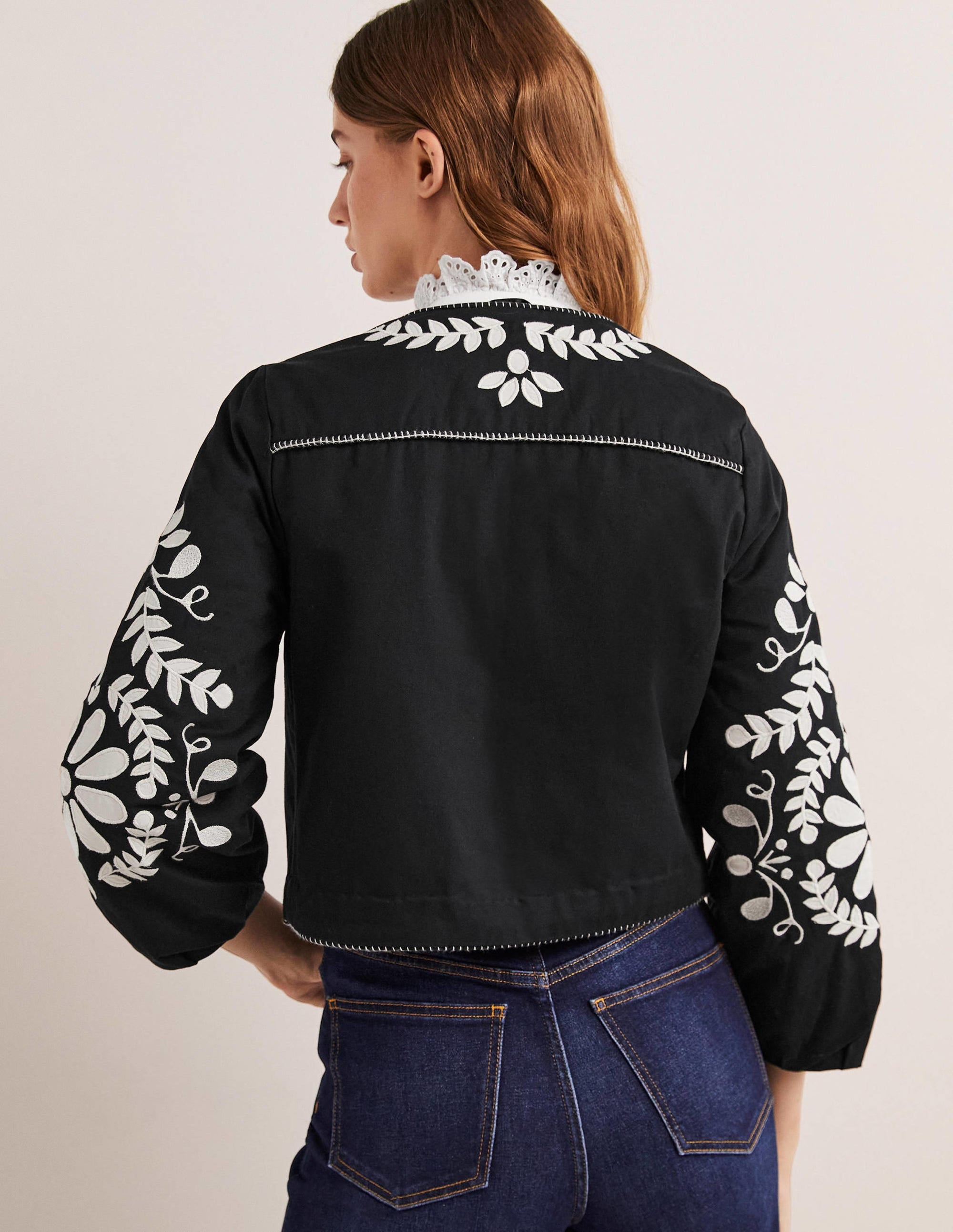 Embroidered Cropped Jacket-Black with Taupe - Image 3
