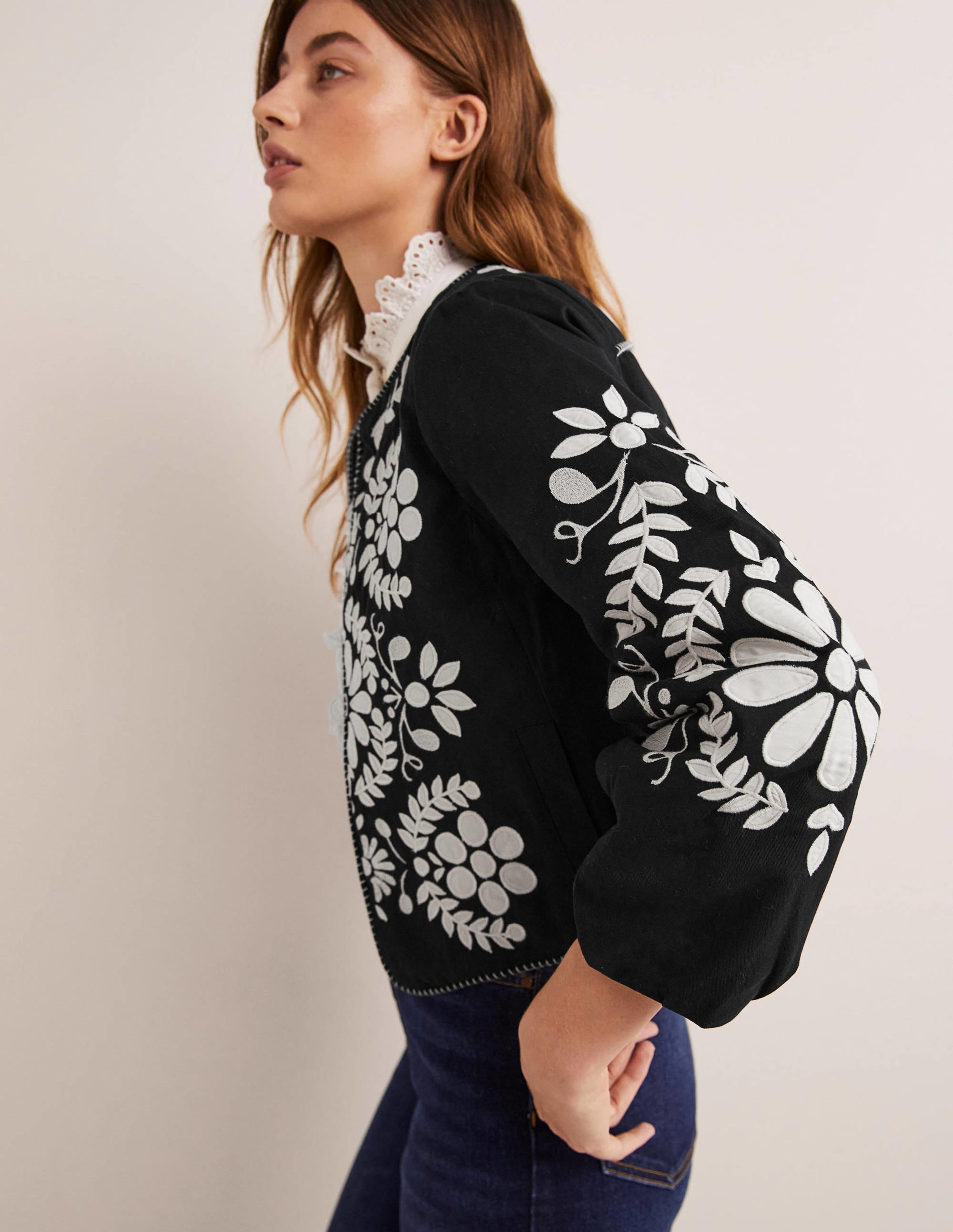 Embroidered Cropped Jacket-Black with Taupe - Image 4