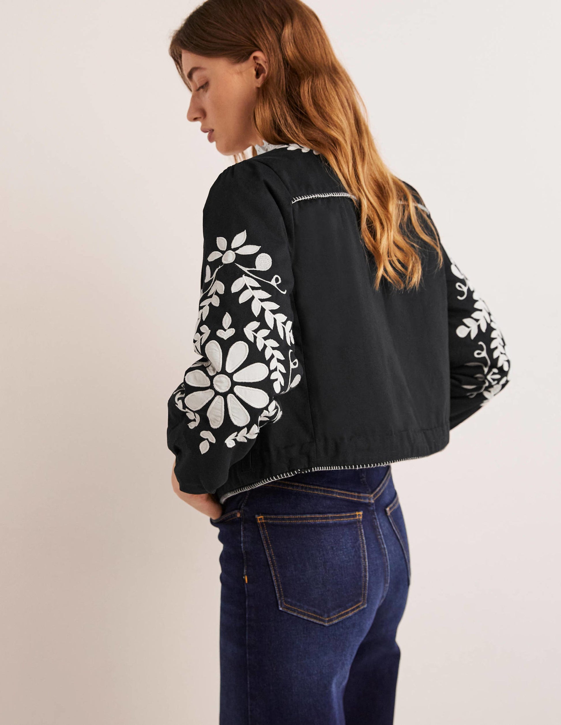 Embroidered Cropped Jacket-Black with Taupe-5