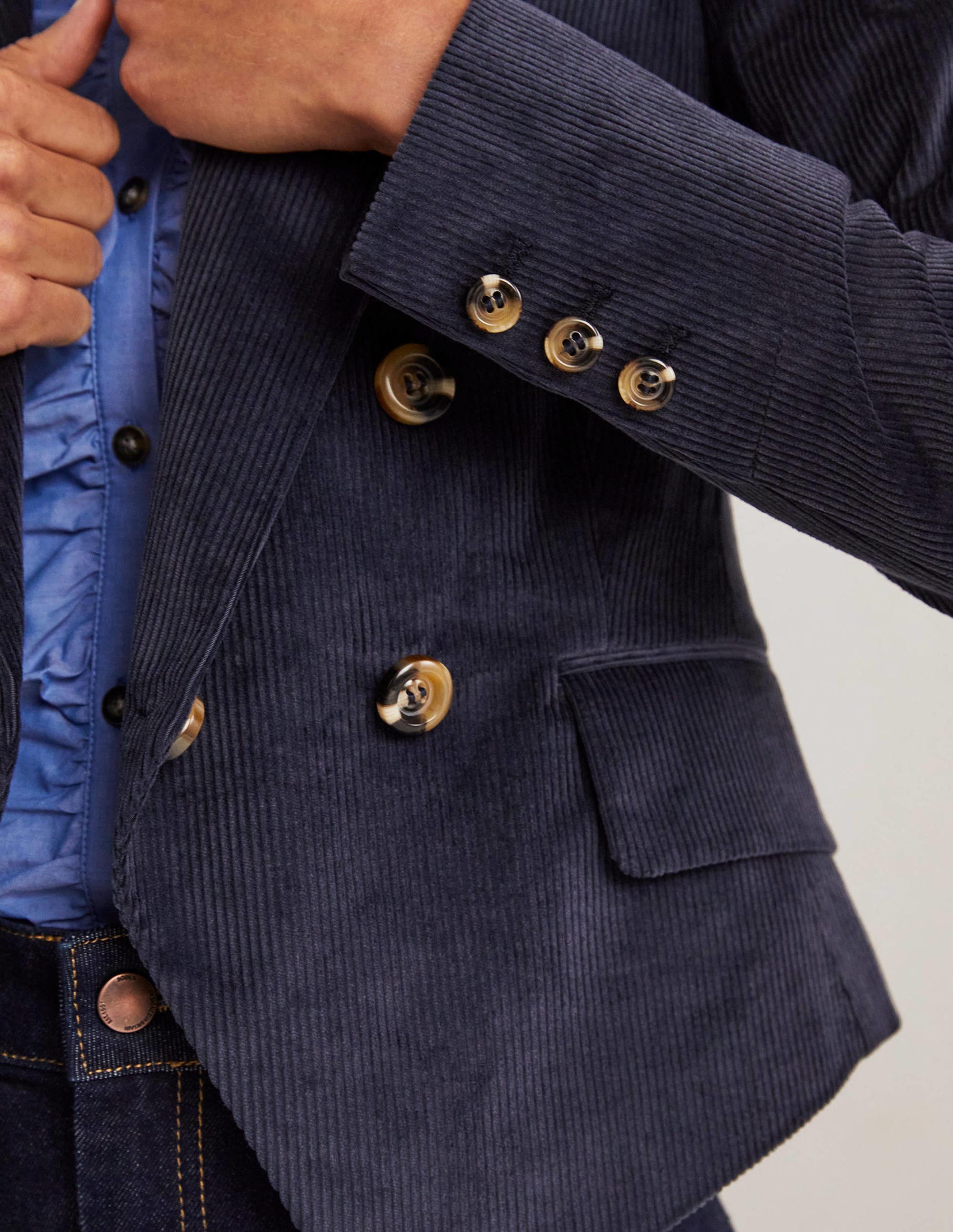 Double Breasted Cord Blazer-Navy-2