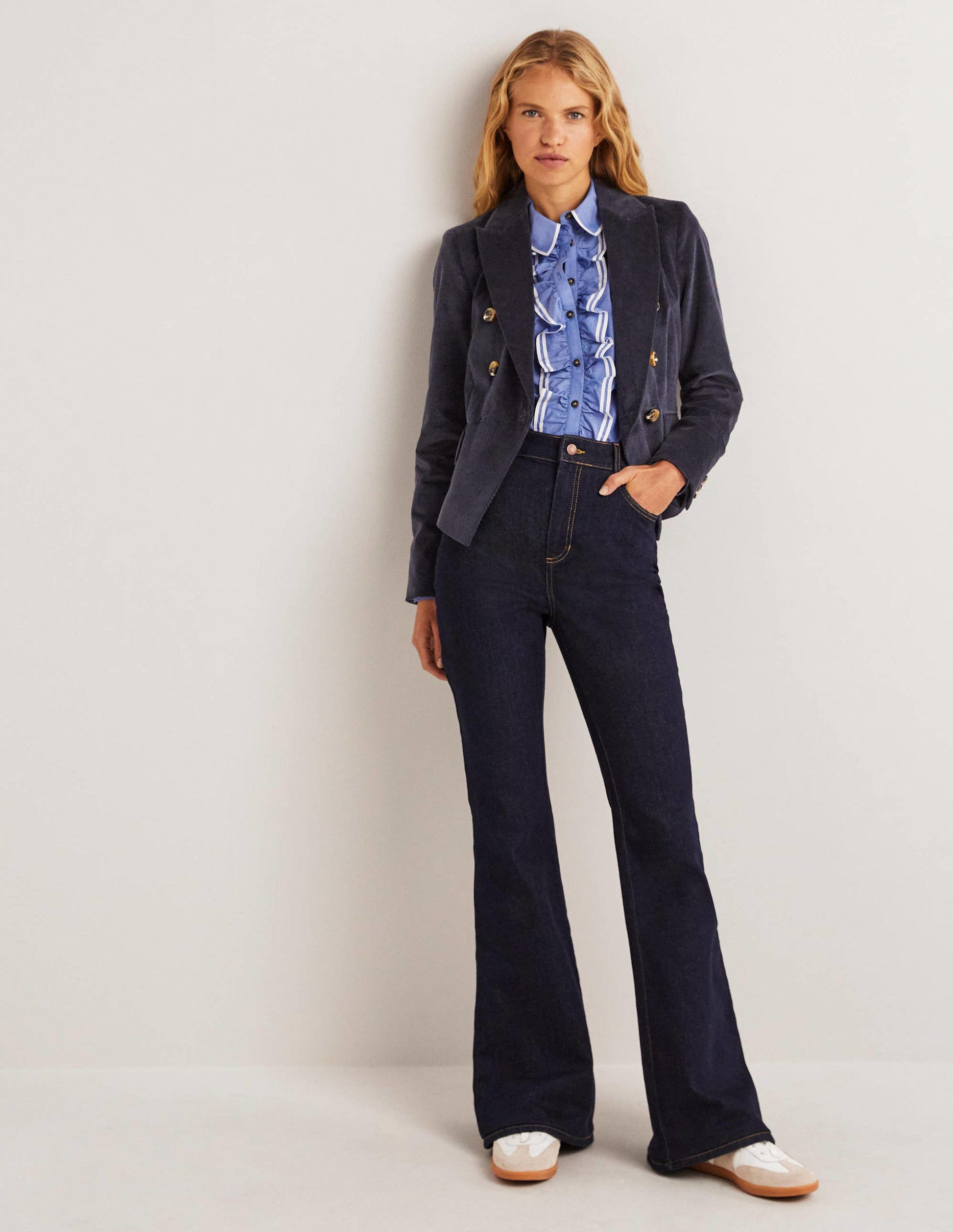 Double Breasted Cord Blazer-Navy-4