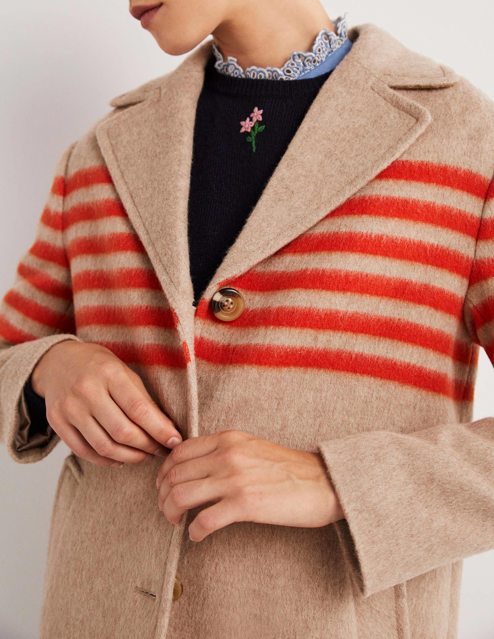 Wool Blend Striped Coat-Camel, Bright Papaya Stripe-2