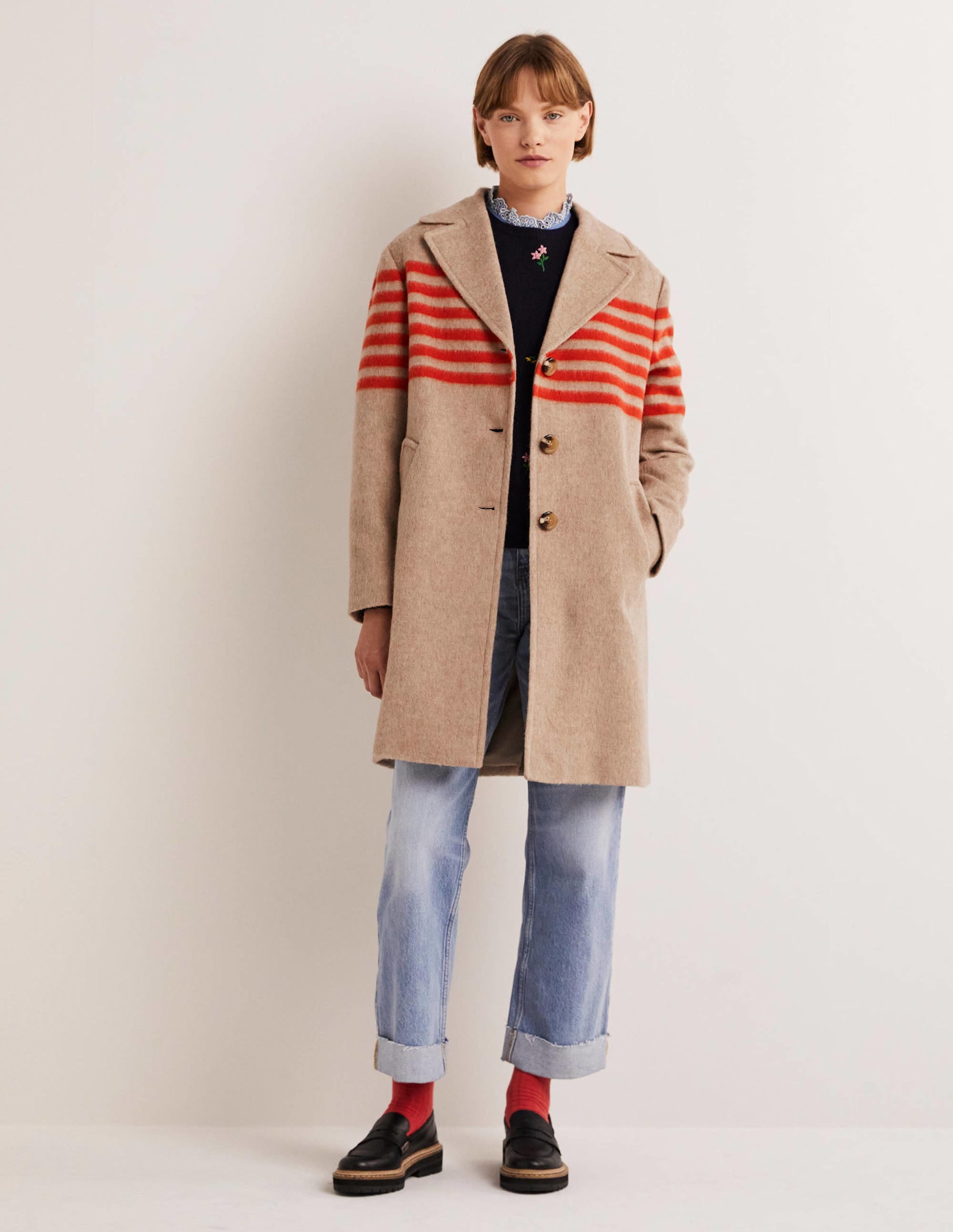 Wool Blend Striped Coat-Camel, Bright Papaya Stripe - Image 5