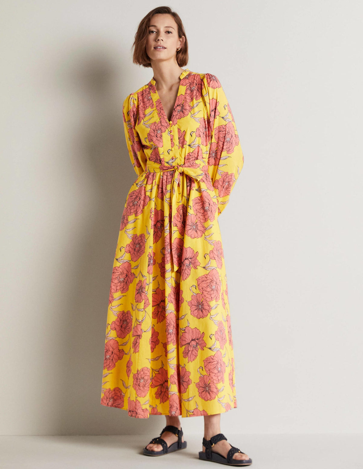 Notch Neck Cotton Maxi Dress-Lemon Fizz, Peony Bloom - Image 8