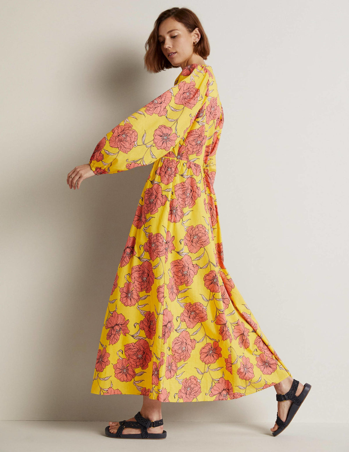 Notch Neck Cotton Maxi Dress-Lemon Fizz, Peony Bloom - Image 12