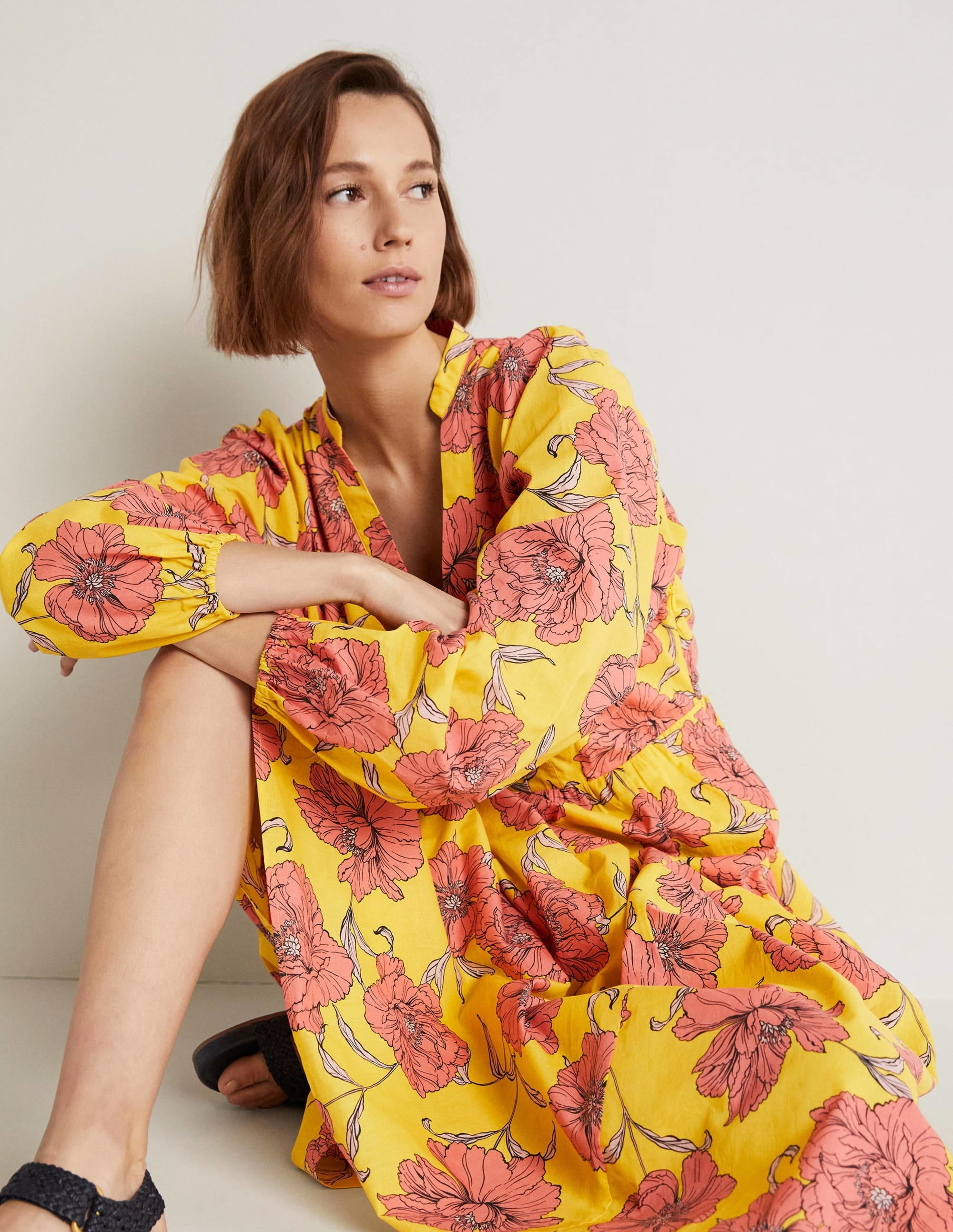 Notch Neck Cotton Maxi Dress-Lemon Fizz, Peony Bloom - Image 6