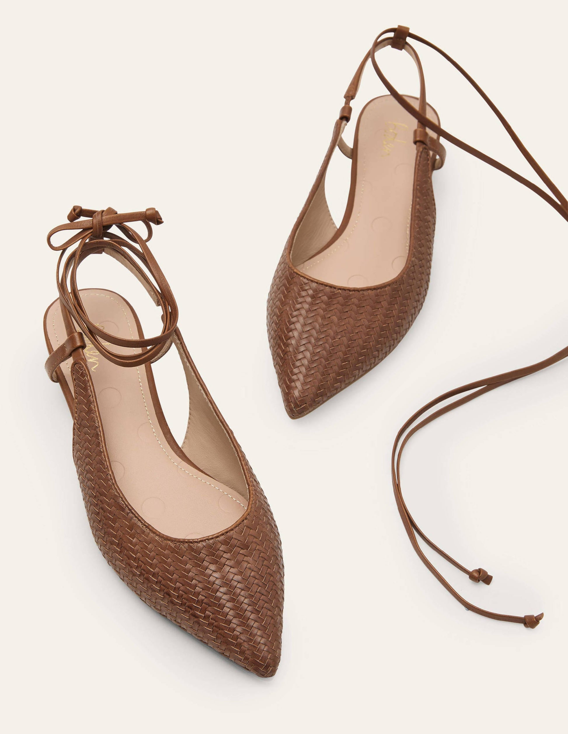 Ankle Tie Pointed Flats-Tan Woven-1