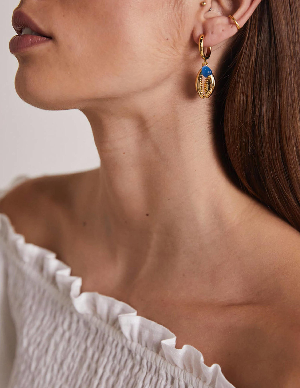 Shell Hoop Earrings-Gold/Blue - Image 1