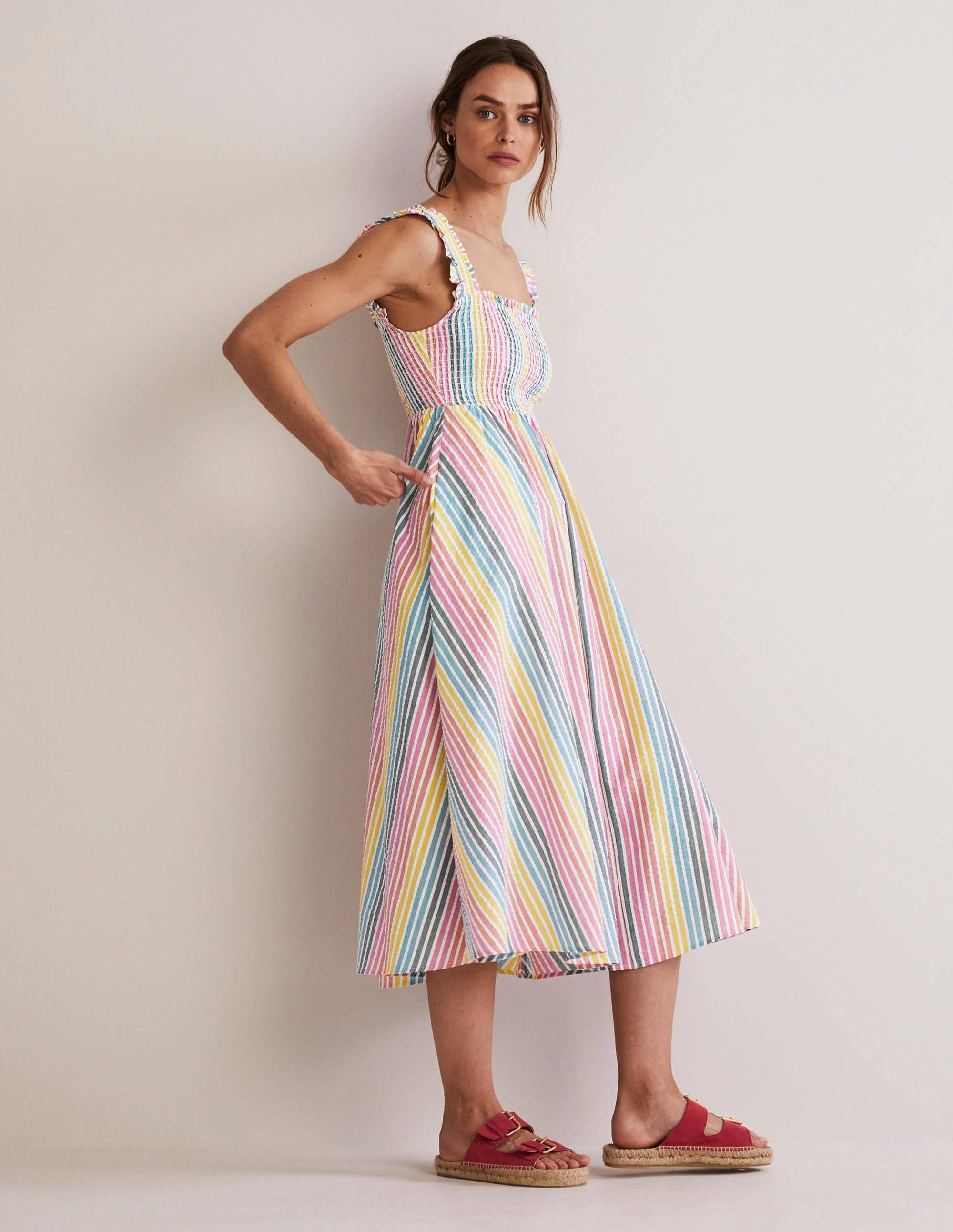 Smock Detail Stripe Midi Dress-Rainbow Seersucker - Image 6