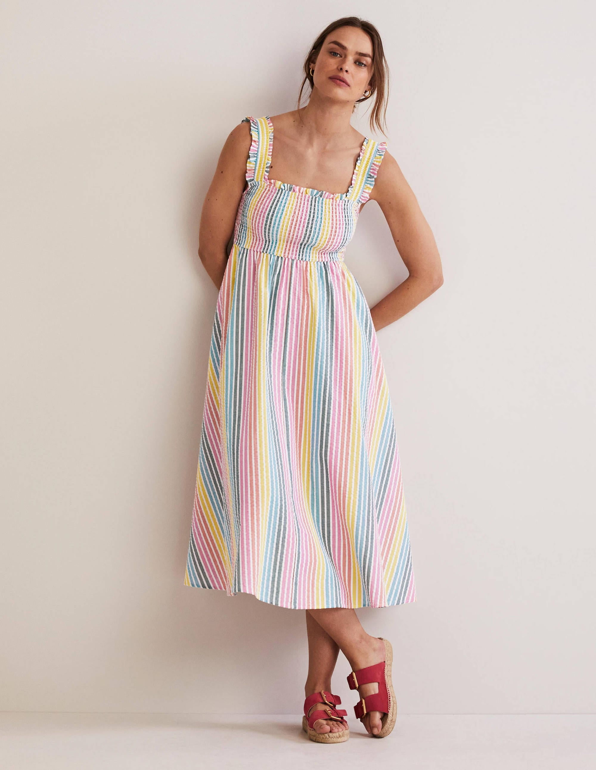 Smock Detail Stripe Midi Dress-Rainbow Seersucker - Image 1