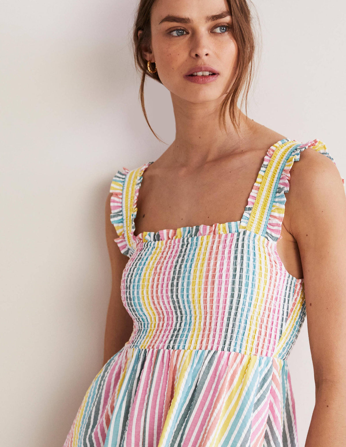 Smock Detail Stripe Midi Dress-Rainbow Seersucker - Image 2