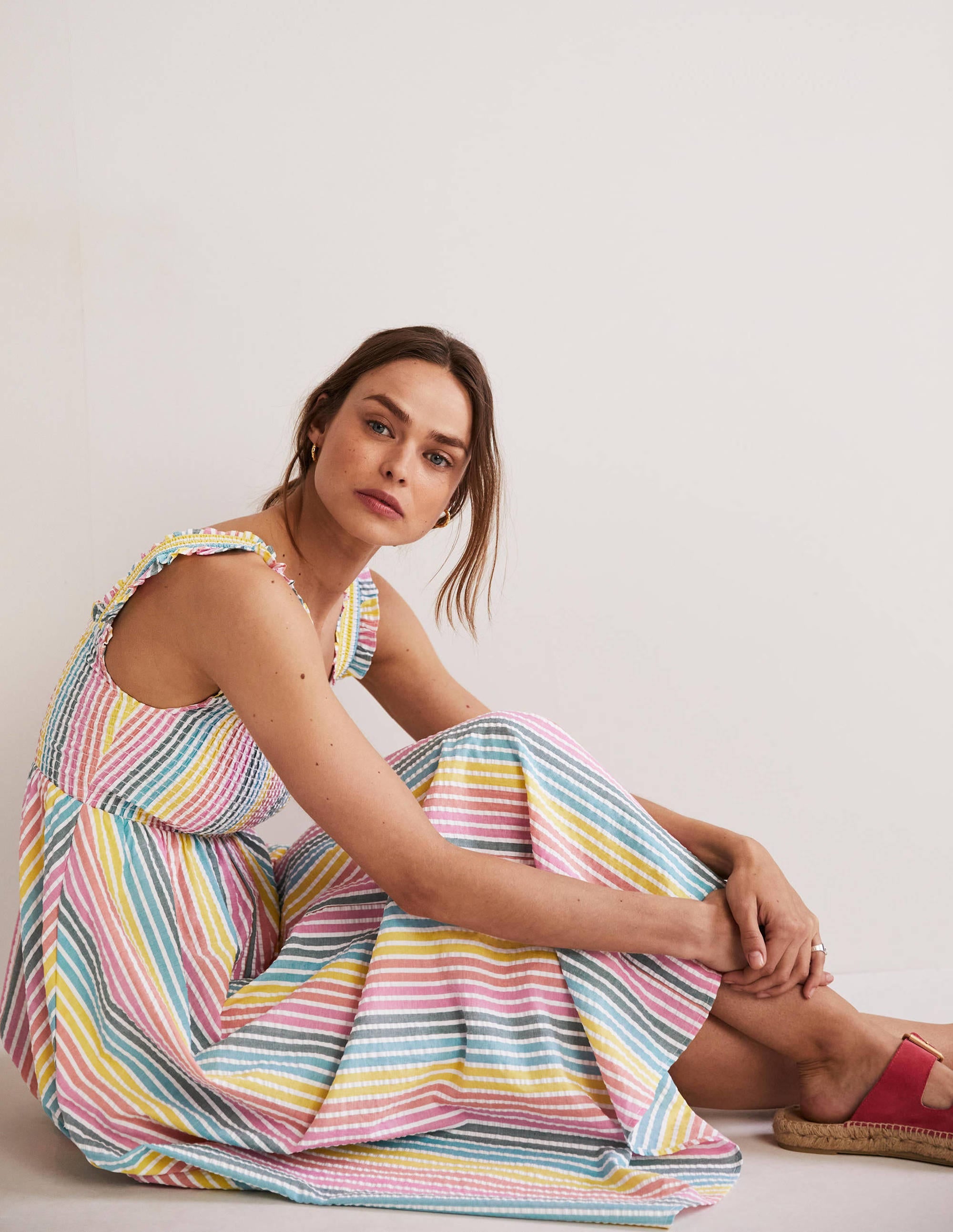 Smock Detail Stripe Midi Dress-Rainbow Seersucker - Image 3