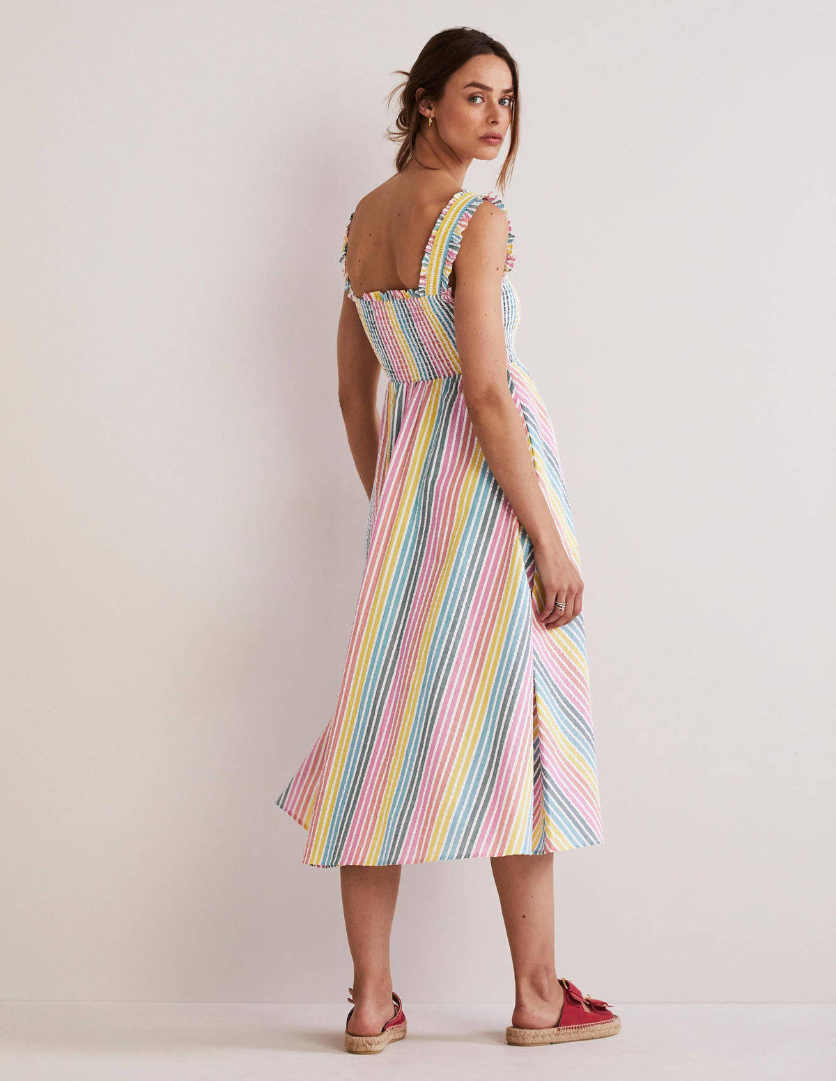 Smock Detail Stripe Midi Dress-Rainbow Seersucker - Image 4