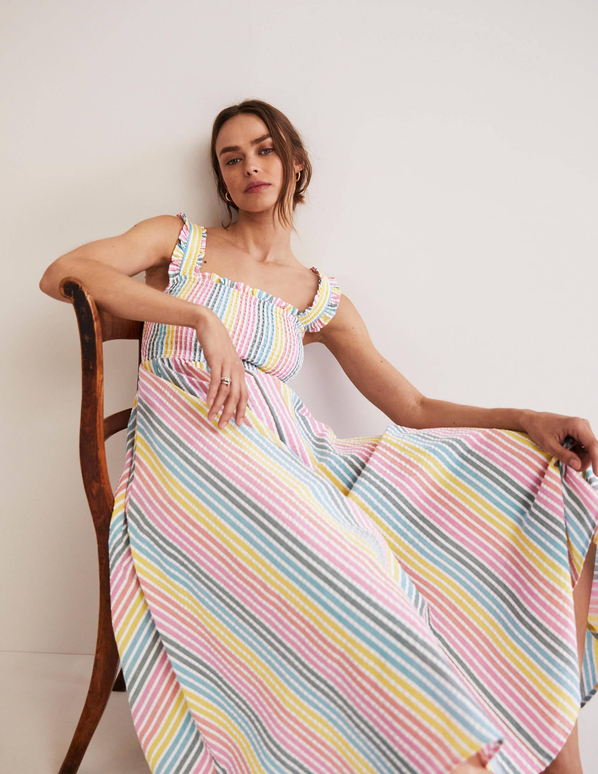 Smock Detail Stripe Midi Dress-Rainbow Seersucker - Image 5