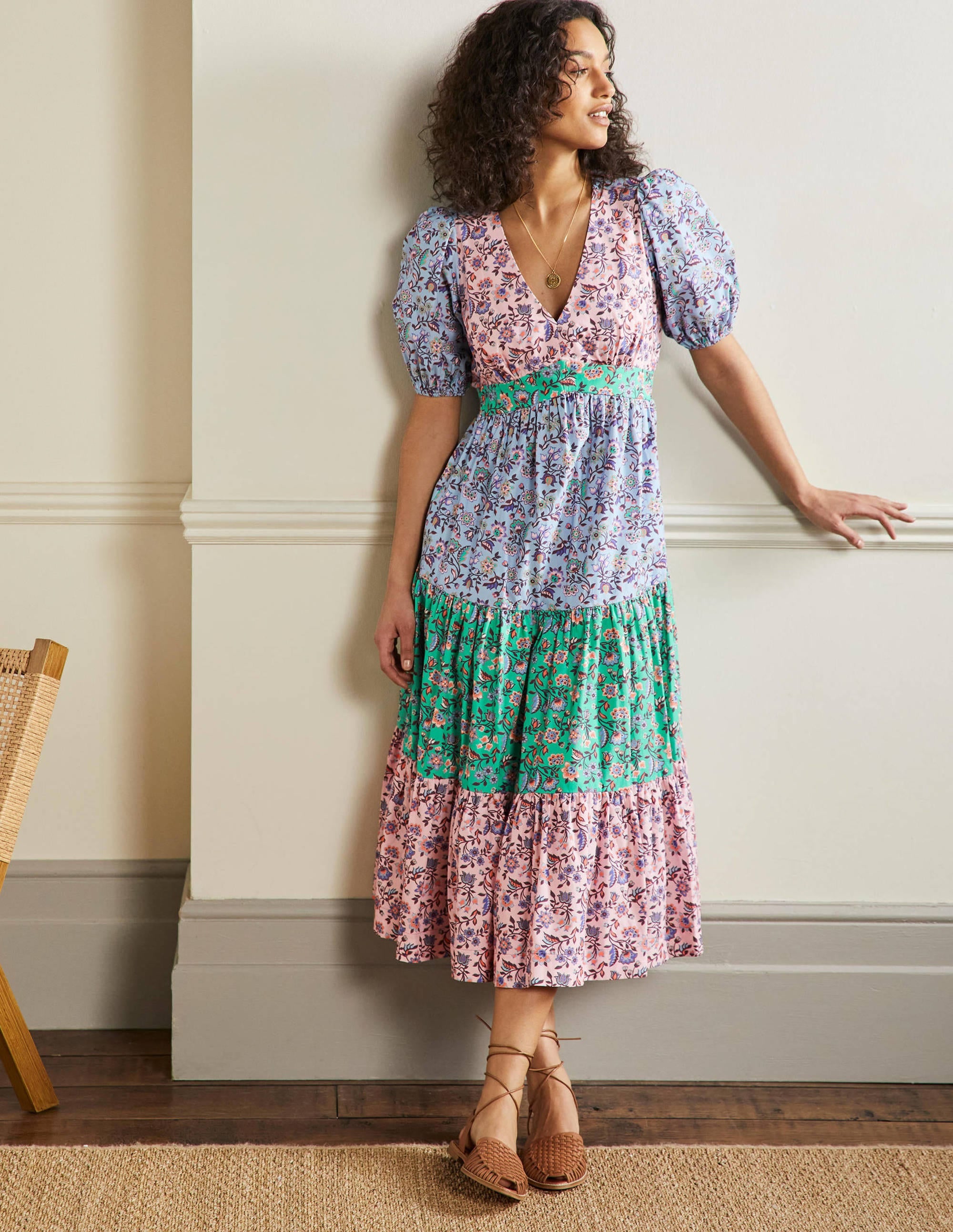 Puff Sleeve Tiered Midi Dress-Formica Pink, Oriental Meadow - Image 1