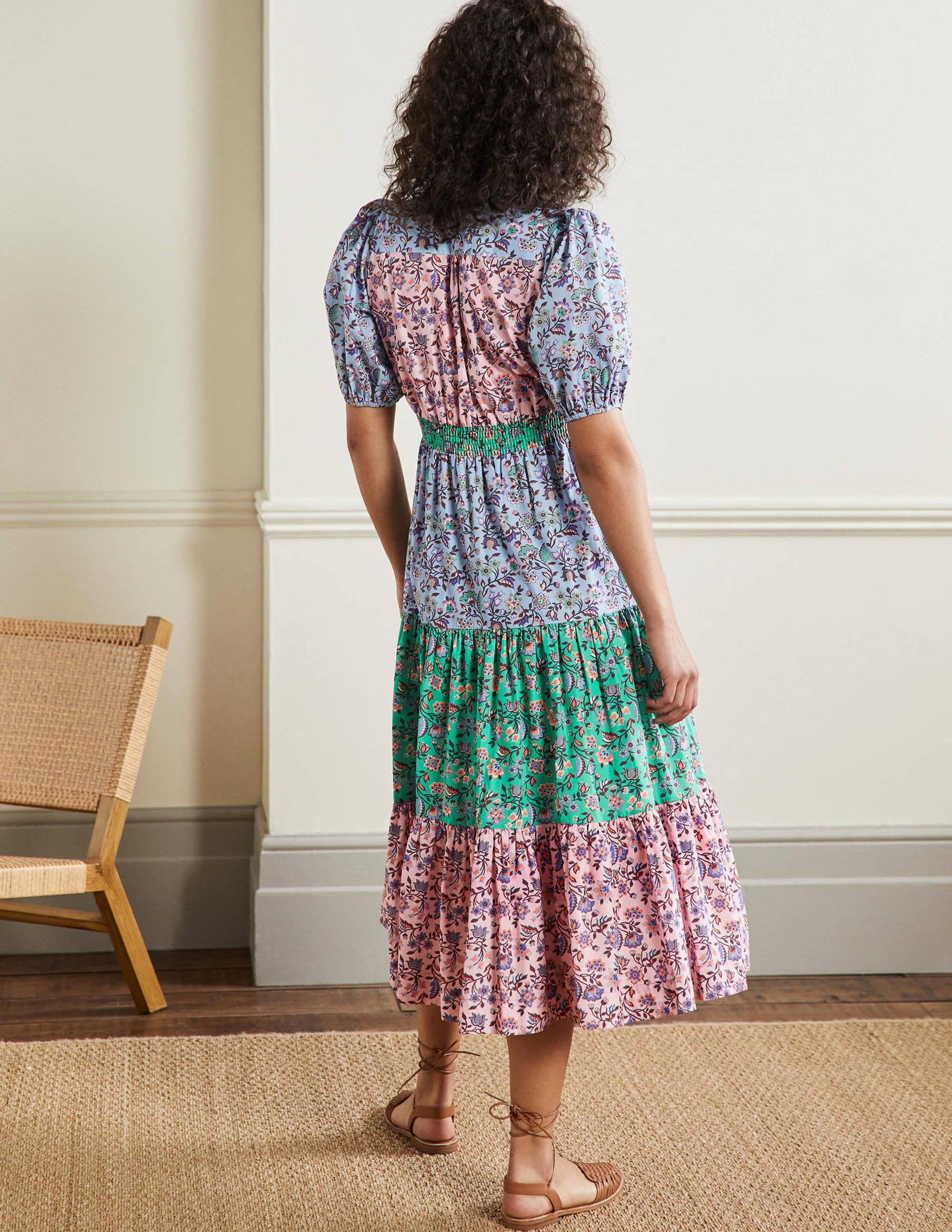 Puff Sleeve Tiered Midi Dress-Formica Pink, Oriental Meadow-3