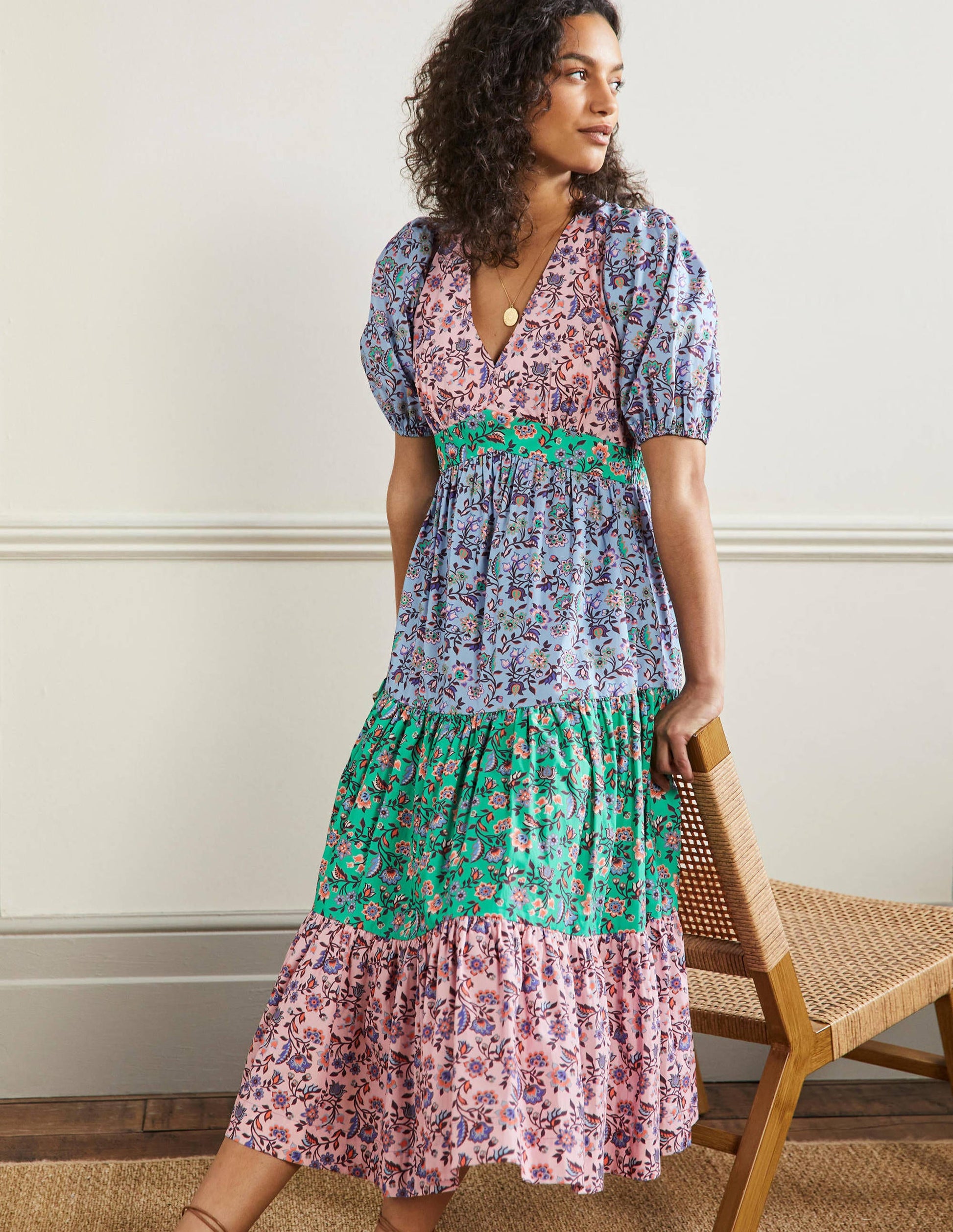 Puff Sleeve Tiered Midi Dress-Formica Pink, Oriental Meadow-4