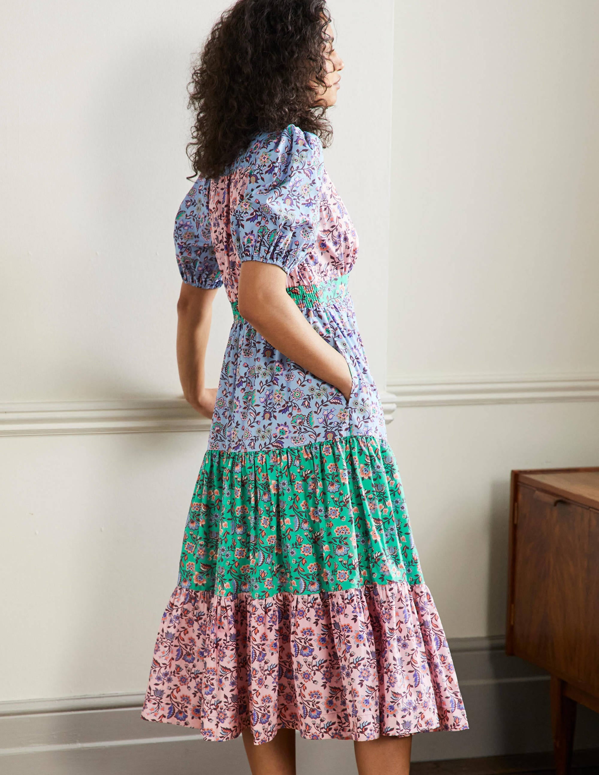 Puff Sleeve Tiered Midi Dress-Formica Pink, Oriental Meadow - Image 5