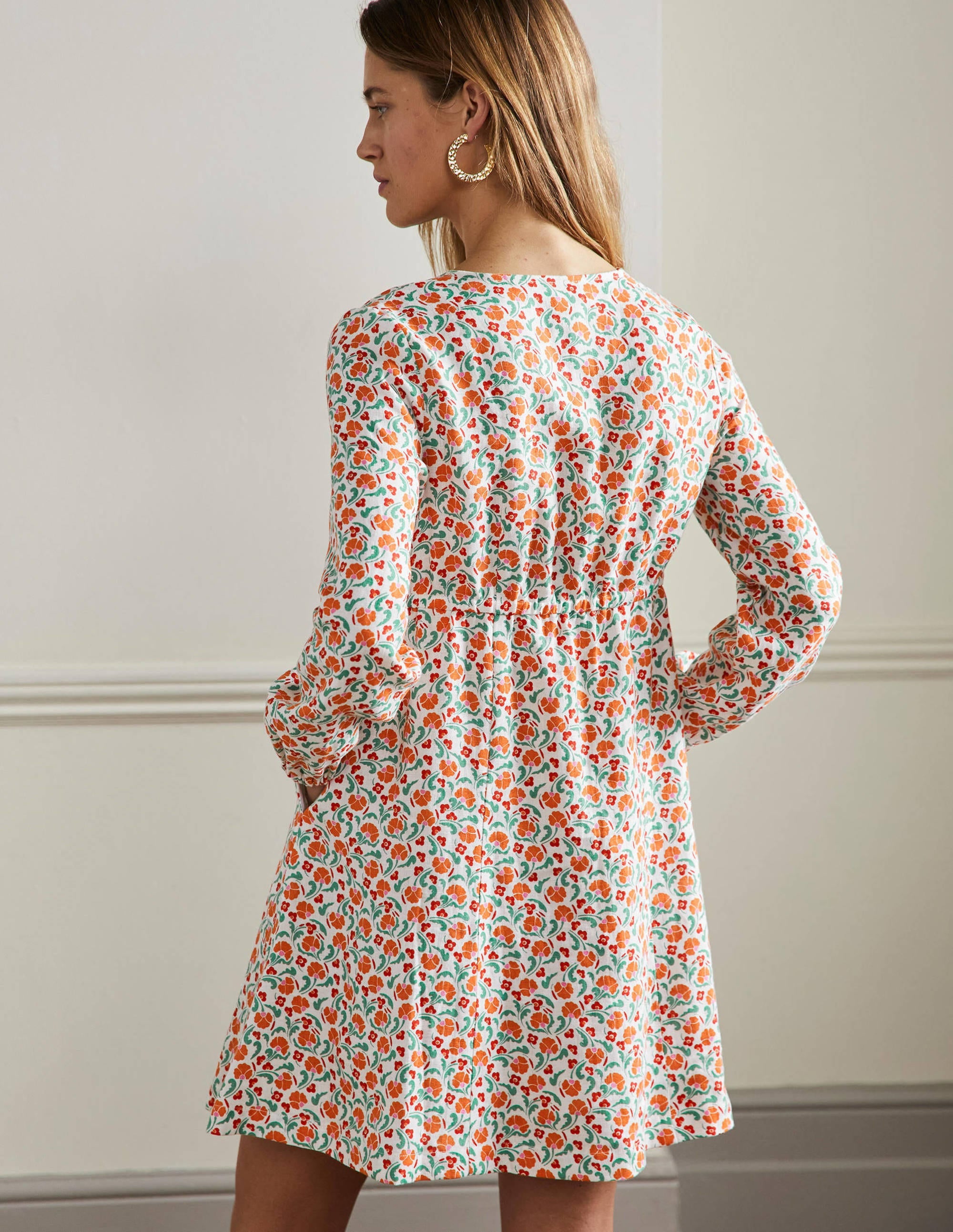 V-Neck Flippy Mini Dress-Bright Papaya, Delicate Bud - Image 7