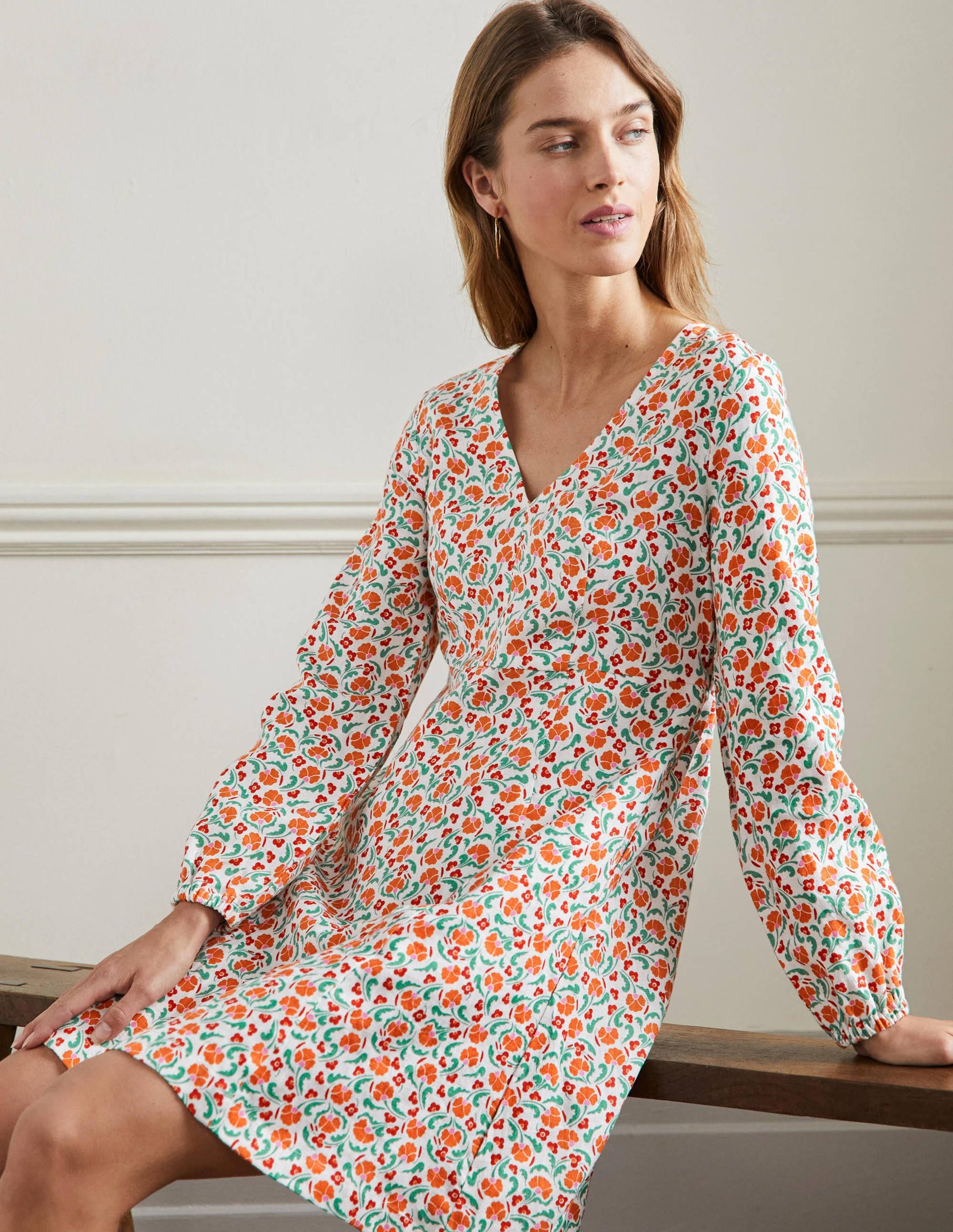 V-Neck Flippy Mini Dress-Bright Papaya, Delicate Bud-8