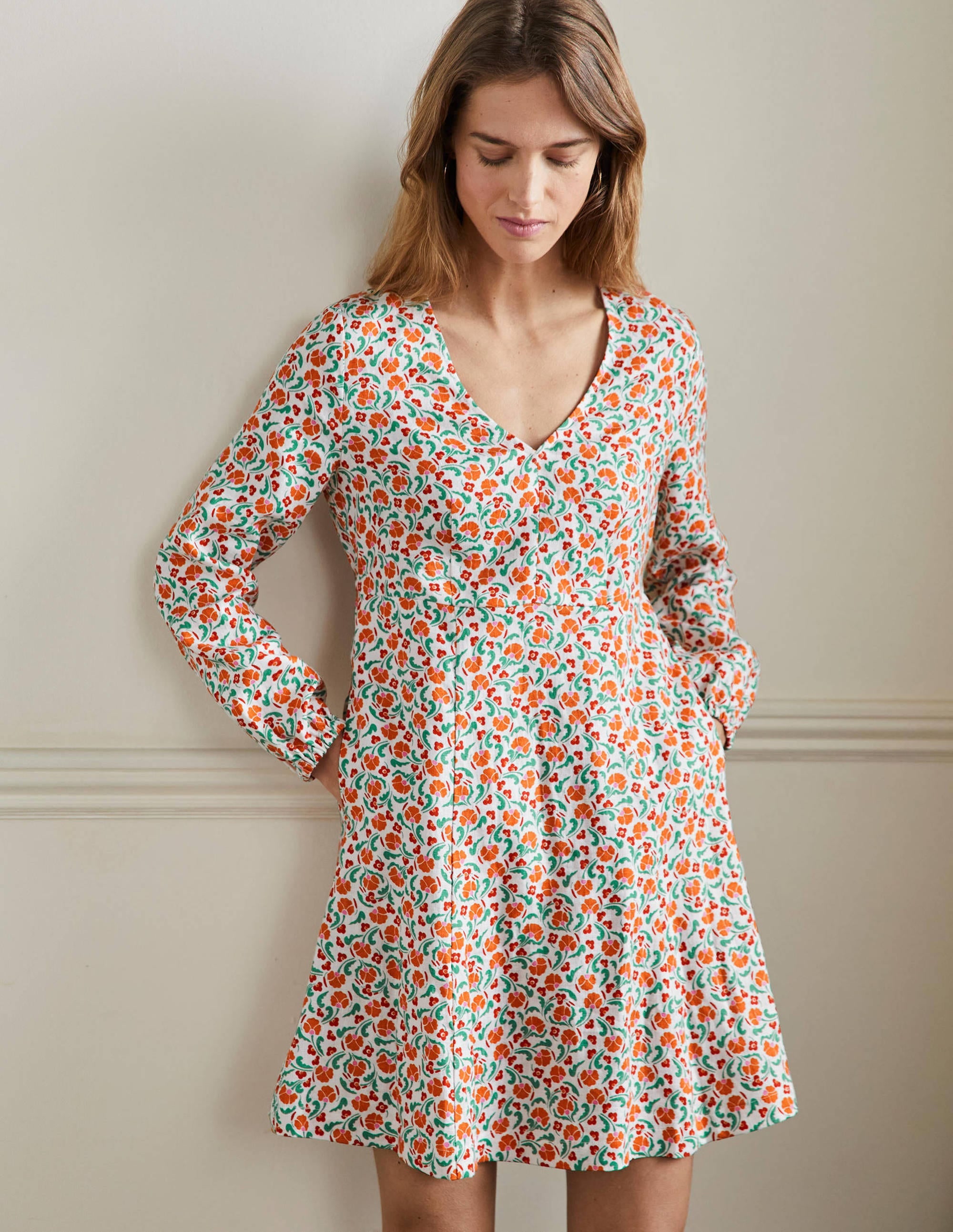 V-Neck Flippy Mini Dress-Bright Papaya, Delicate Bud - Image 1