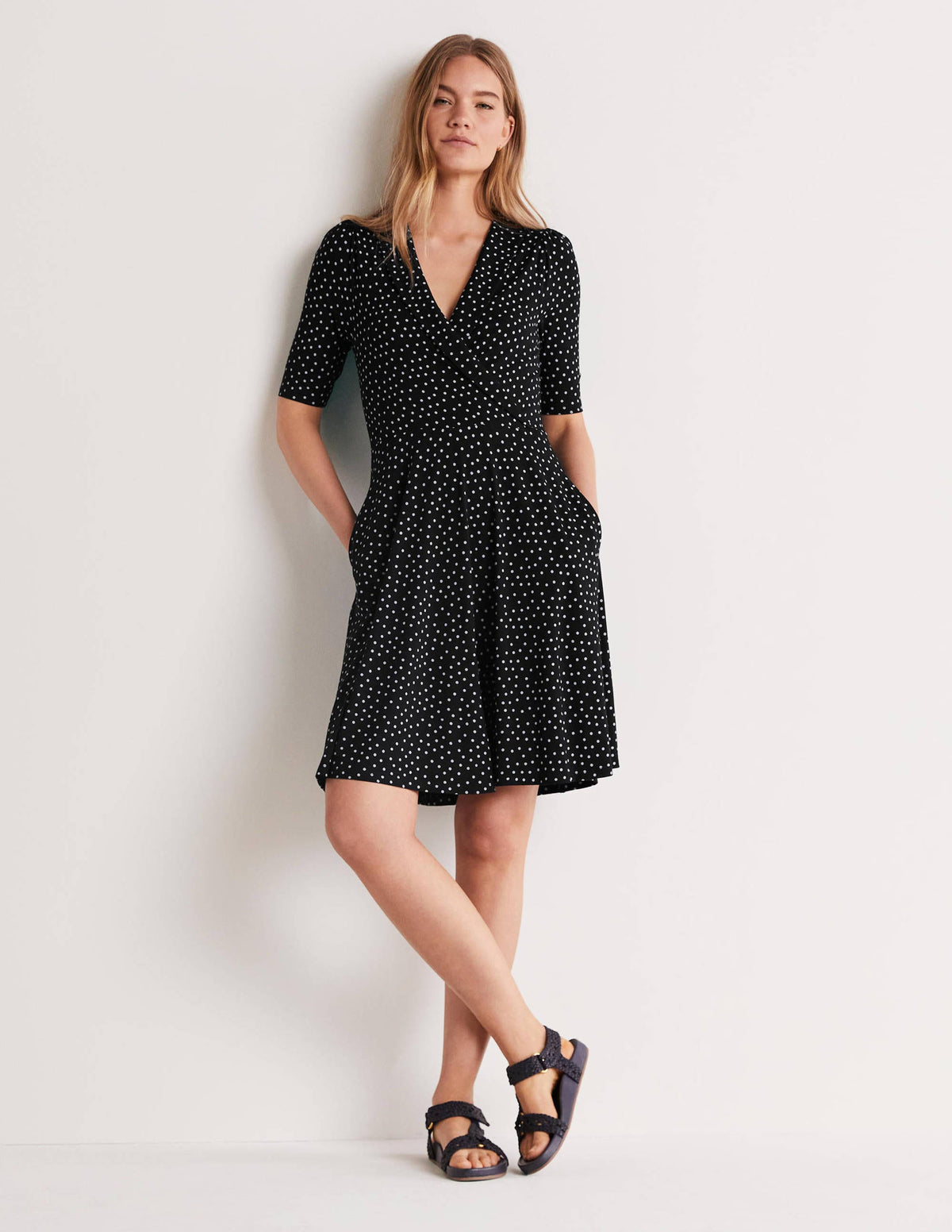 Fixed Wrap Jersey Dress-Black Scattered Spot - Image 1