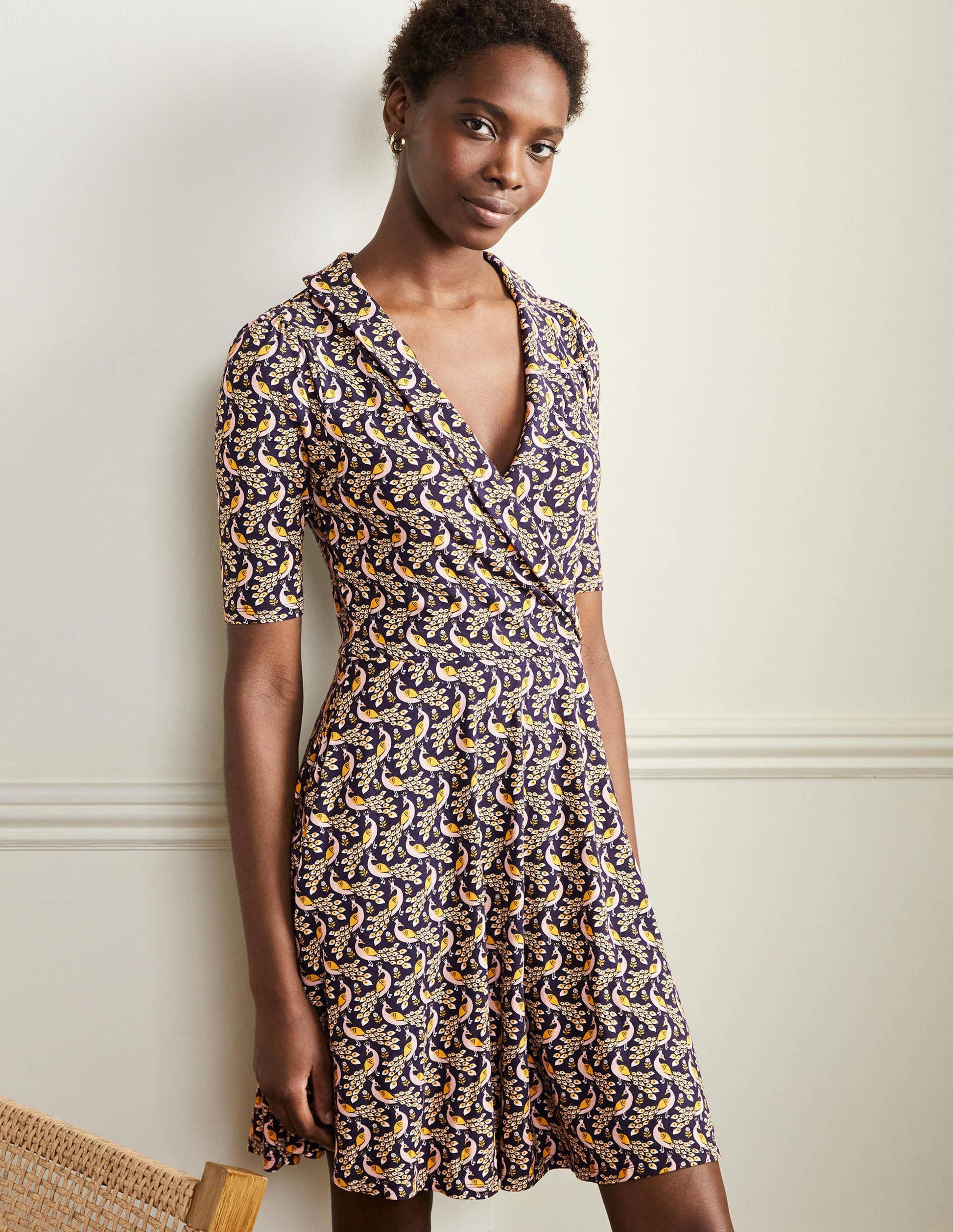 Fixed Wrap Jersey Dress-French Navy, Paradise Peacock-1