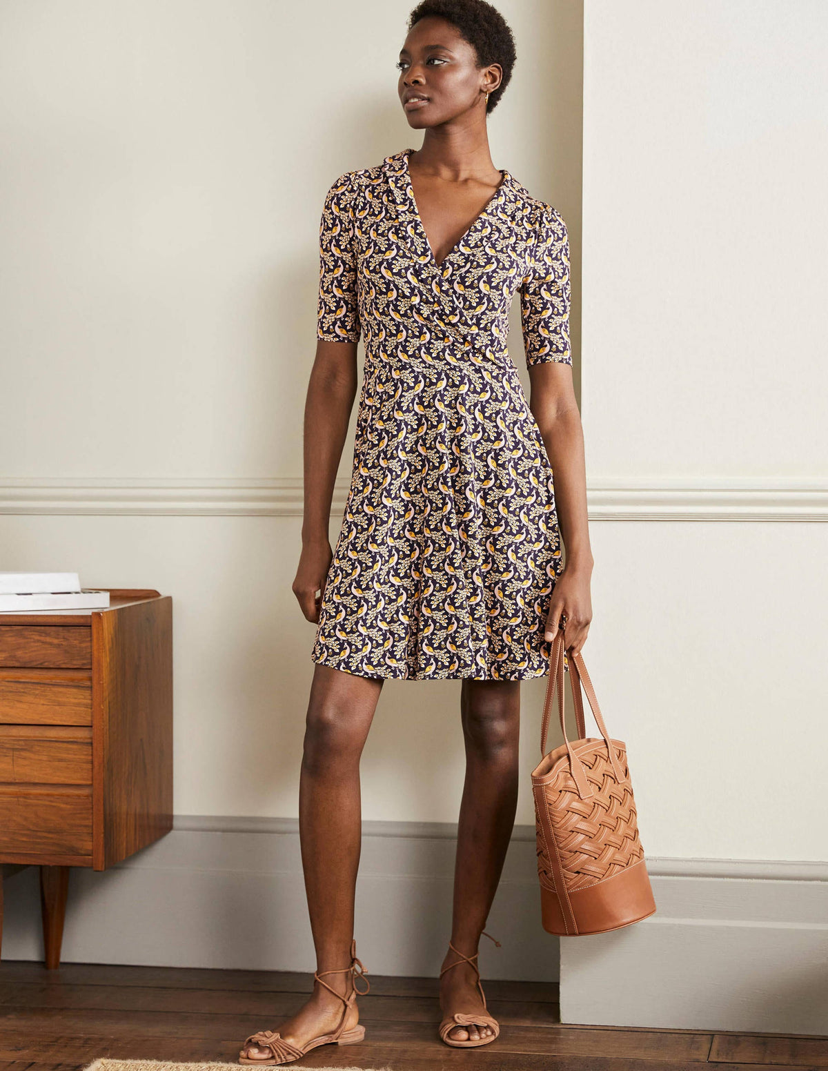 Fixed Wrap Jersey Dress-French Navy, Paradise Peacock - Image 4