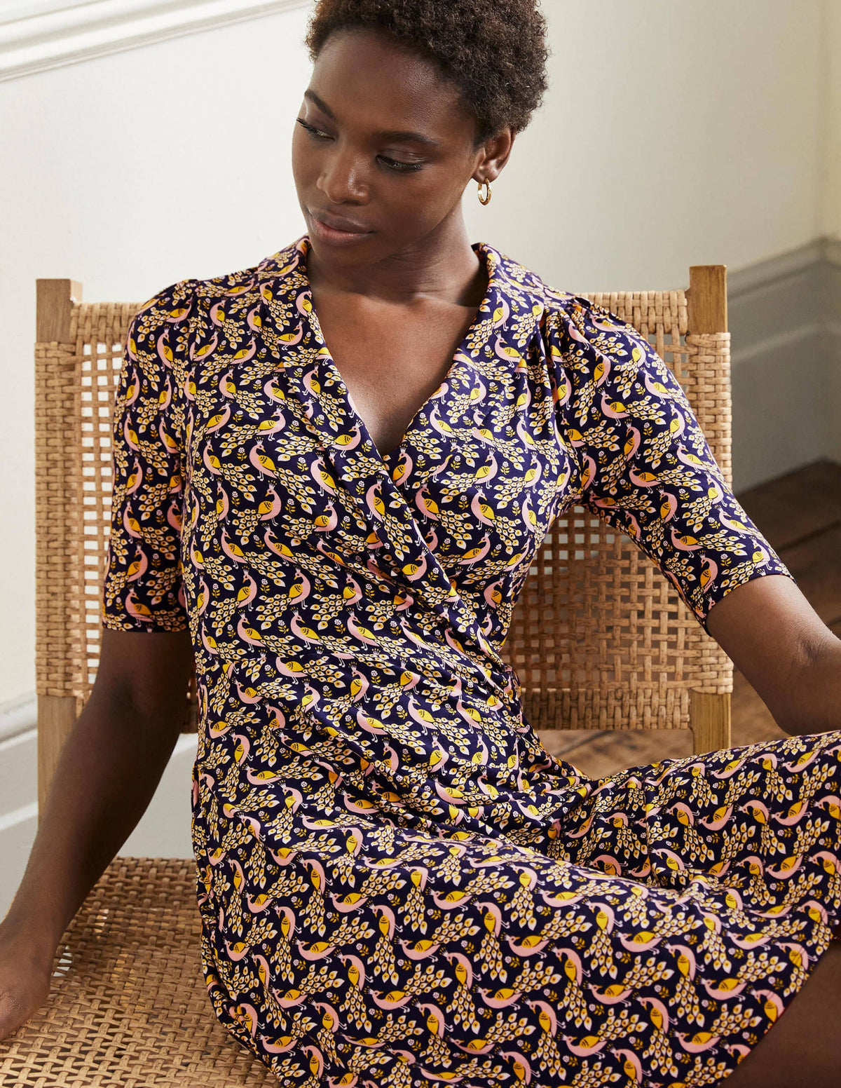Fixed Wrap Jersey Dress-French Navy, Paradise Peacock - Image 5