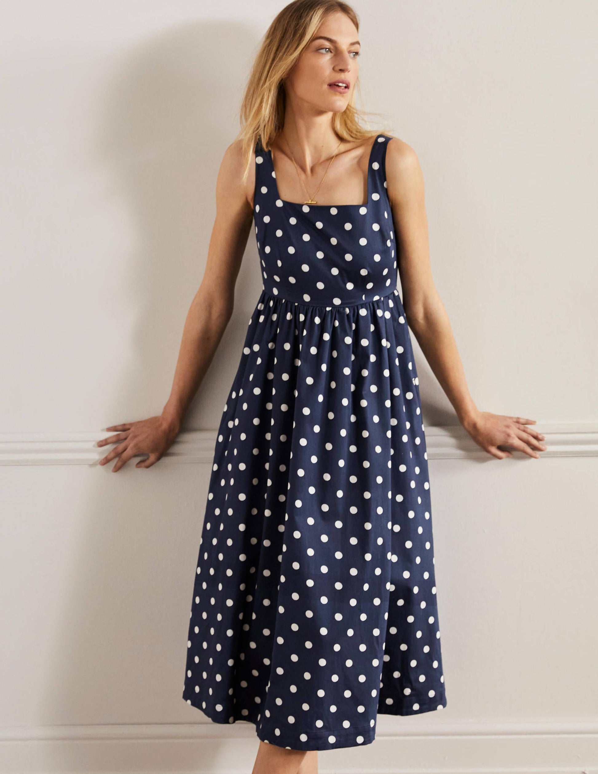 Violet Square Neck Midi Dress-Navy, Regular Dot-1