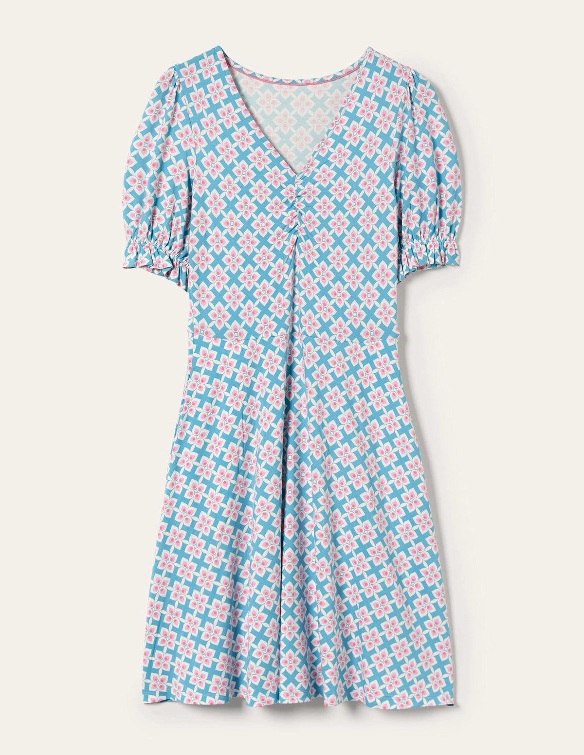 V-Neck Jersey Dress-Coastal Shade, Diamond Leaf-11