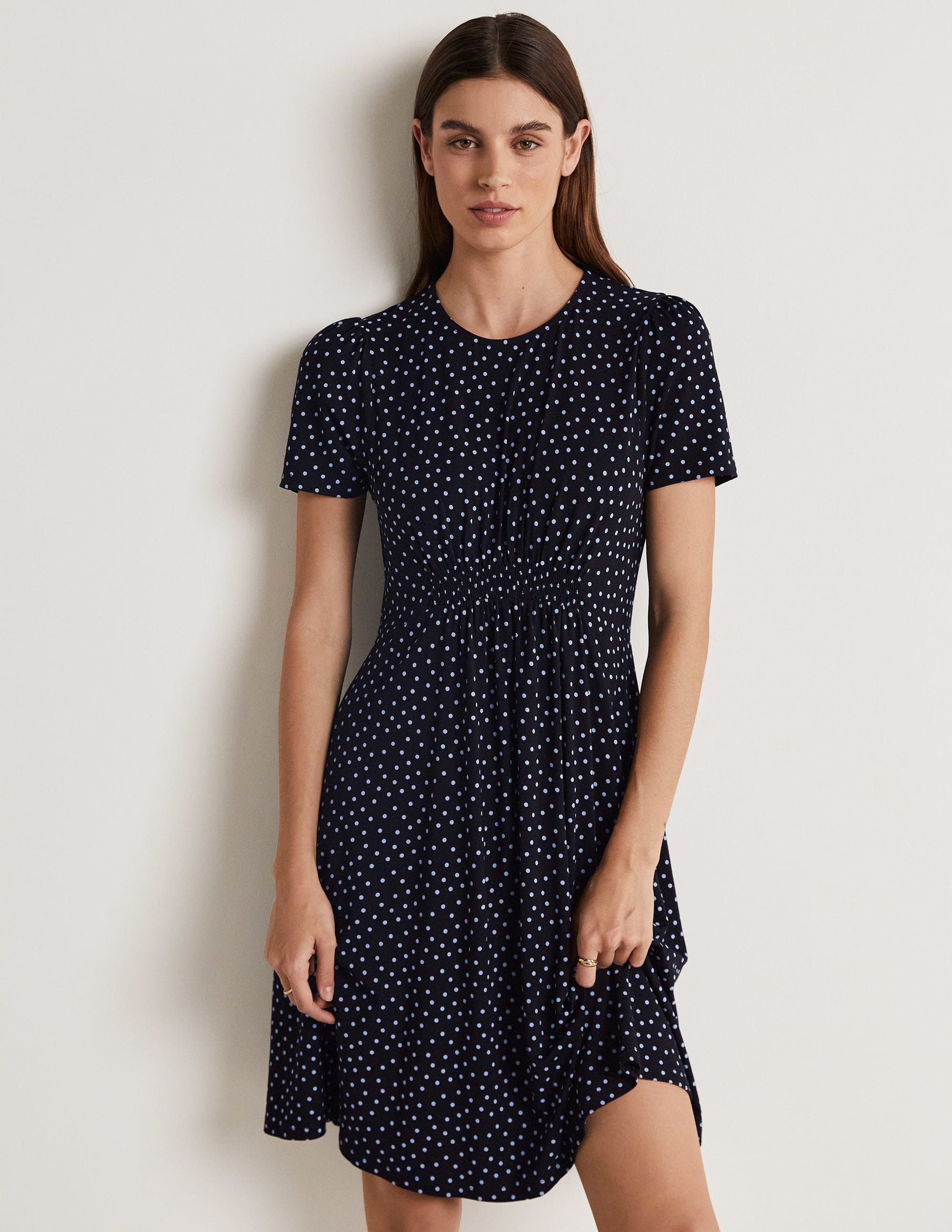 Crew Neck Jersey Dress-Black, Scattered Spot-1