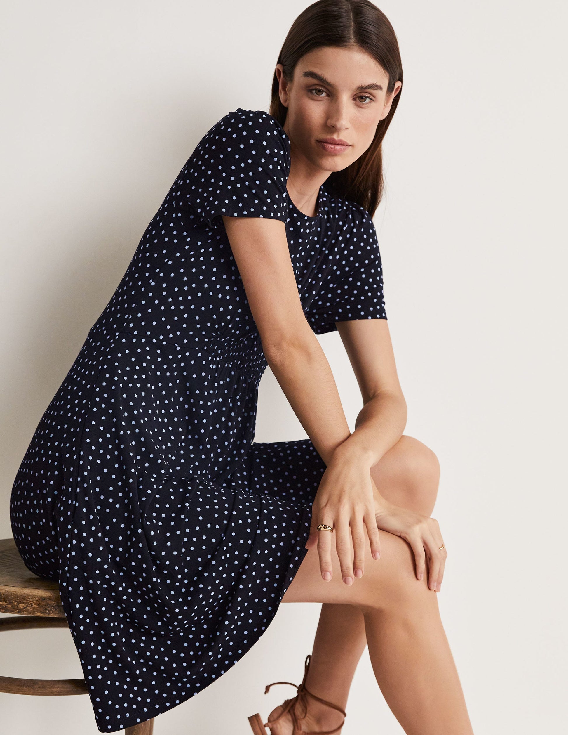 Crew Neck Jersey Dress-Black, Scattered Spot-4