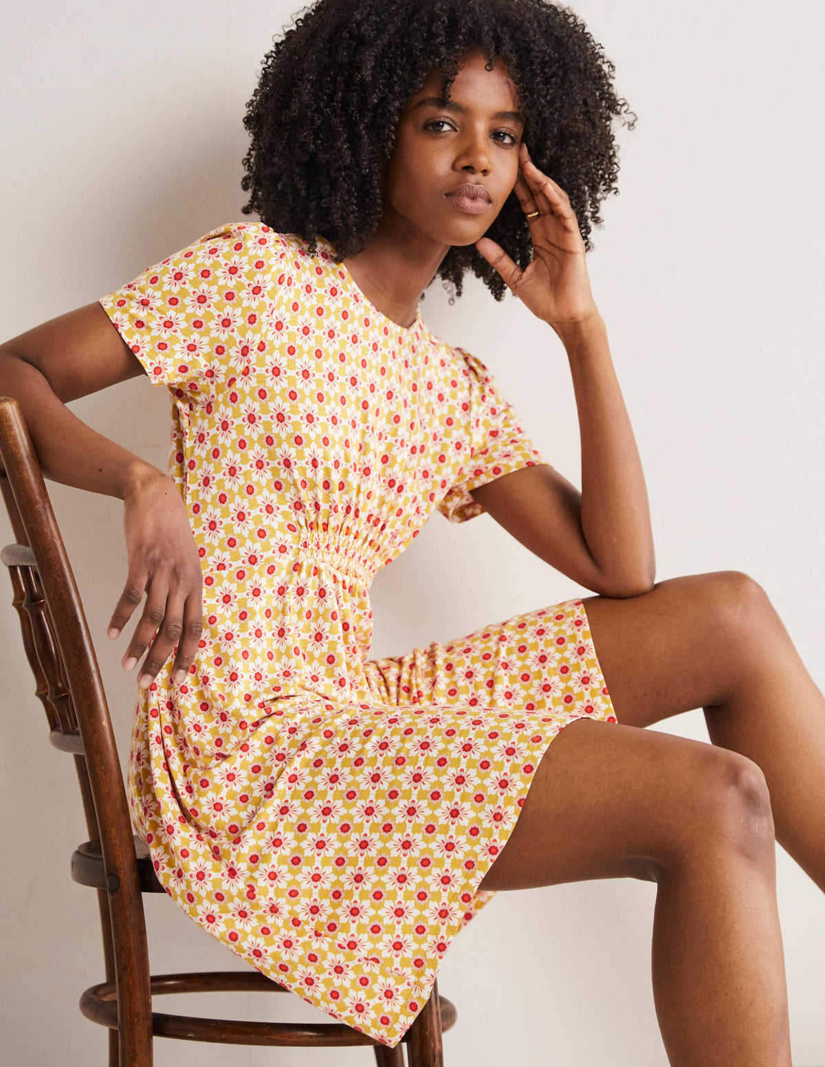 Crew Neck Jersey Dress-Olive Oil, Floret Tile - Image 1