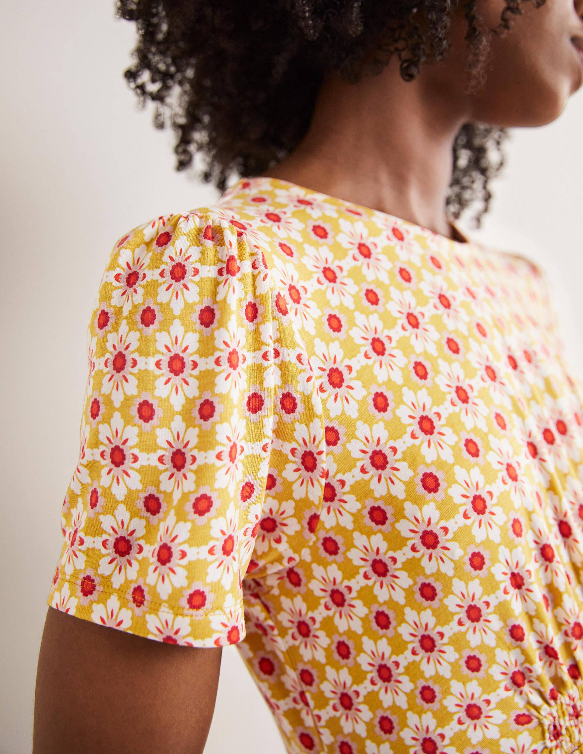 Crew Neck Jersey Dress-Olive Oil, Floret Tile - Image 2