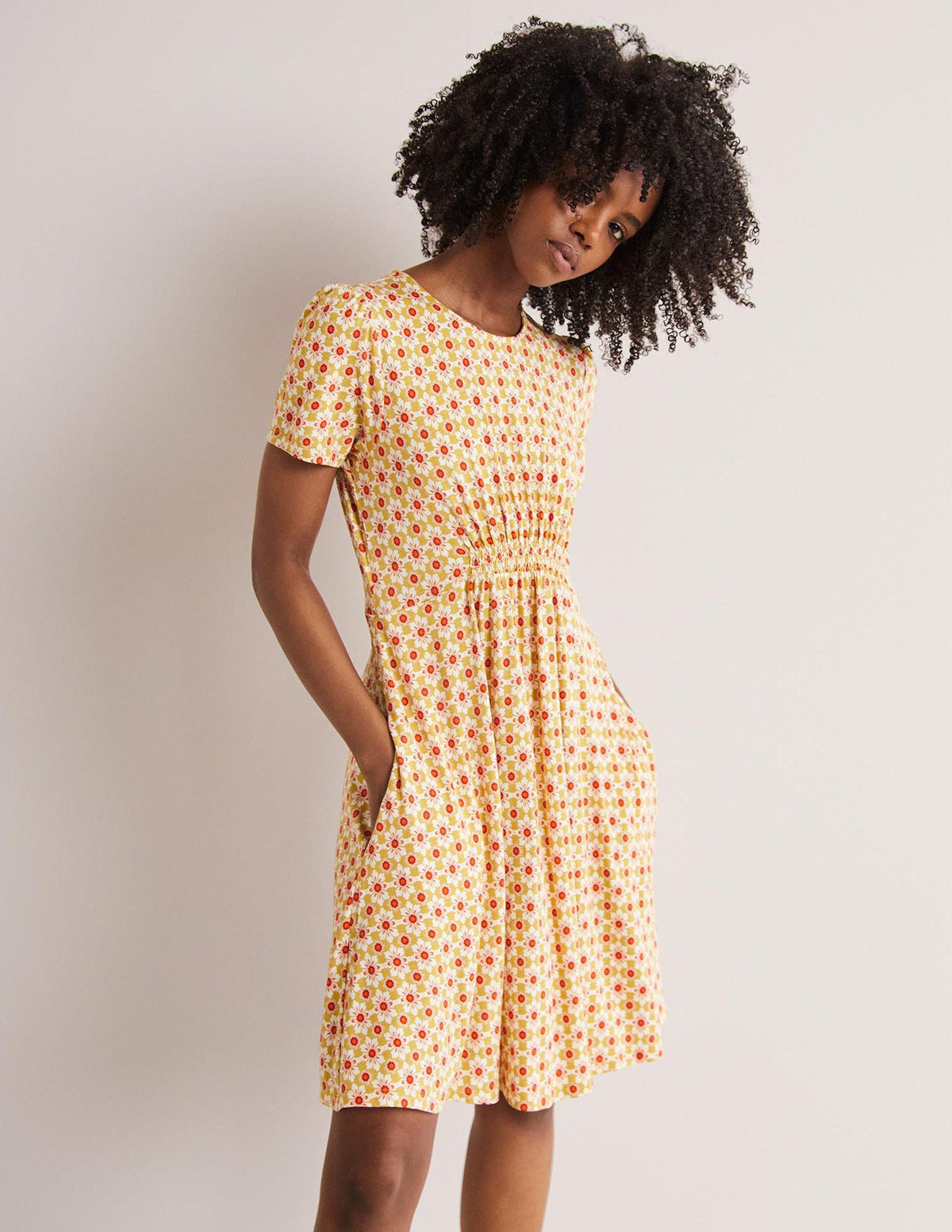 Crew Neck Jersey Dress-Olive Oil, Floret Tile - Image 4
