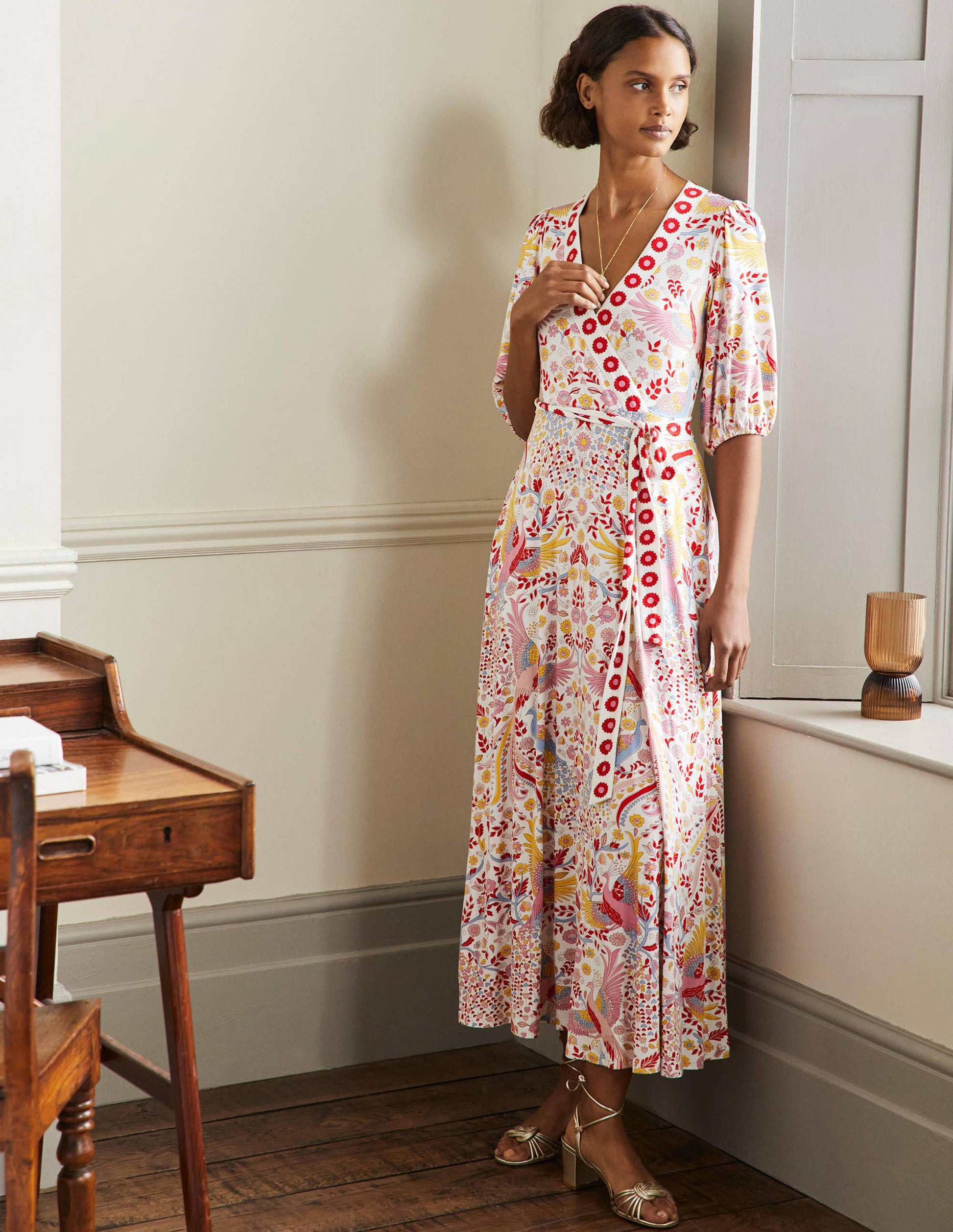 Fixed Wrap Jersey Maxi Dress-Multi, Enchanting Peacock-5
