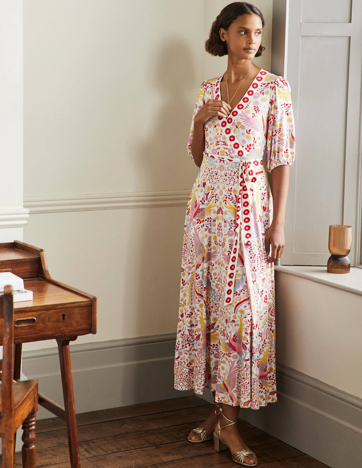 Fixed Wrap Jersey Maxi Dress-Multi, Enchanting Peacock - Image 5